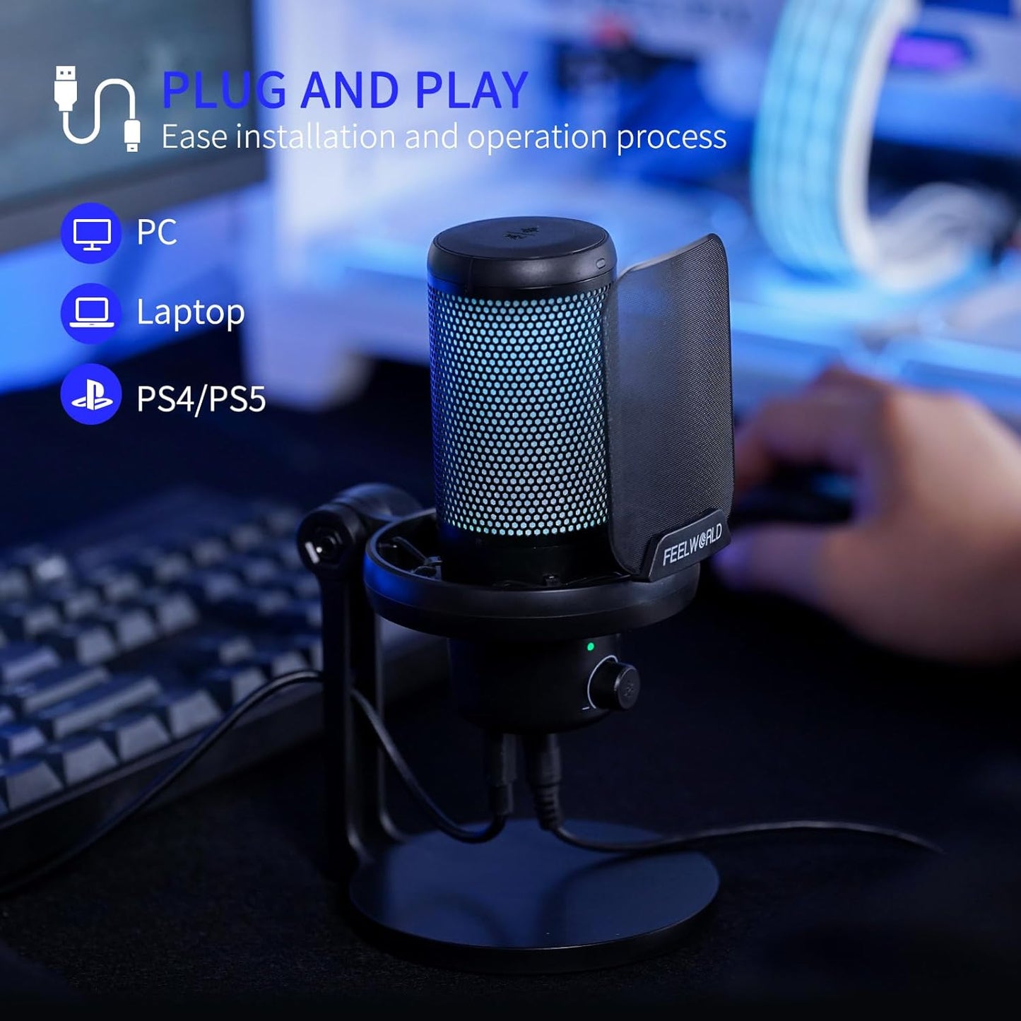 FEELWORLD VM1 Gaming PC USB Microphone Condenser Mic with Noise Cancellation Mute RGB Light, Computer Accessories Gifts for Gamer YouTube Twitch Podcast Streaming Recording Online Chat PS4 PS5