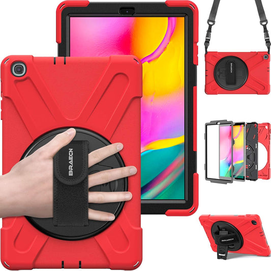 BRAECN Case for Samsung Galaxy Tab A 10.1 2019，Shockproof Protective Case with Carrying Shoulder Strap and Rotatable Kickstand/Handle Hand Strap for Galaxy Tab A 10.1 2019 SM-T510/SM-T515 -Red