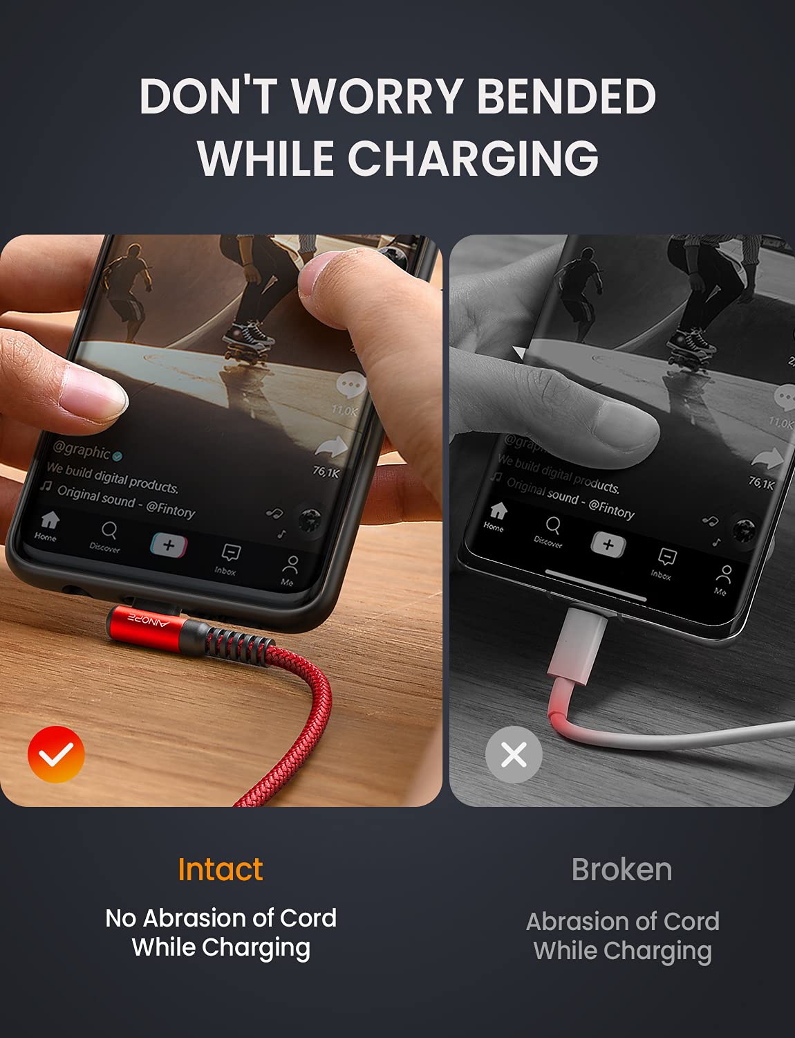 AINOPE USB Type C Cable 3.1A Fast Charger (2-Pack, 10ft+10ft) Right Angle USB A to USB C Cable, Resistant Nylon Braided USB C Charger Cable (Red)