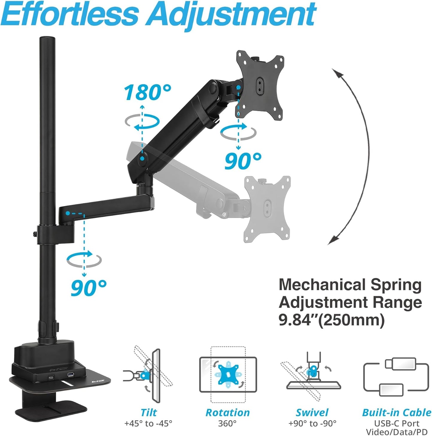 AVLT Single 40 Inch Monitor Arm Pole Top Mount With USB-C USB-A Ports-Black, Supports 26.4 lbs (12kg), Ultrawide screen fit, VESA Compatible, Tilt, Swivel, Rotate, Ergonomic adjustable height, Durable