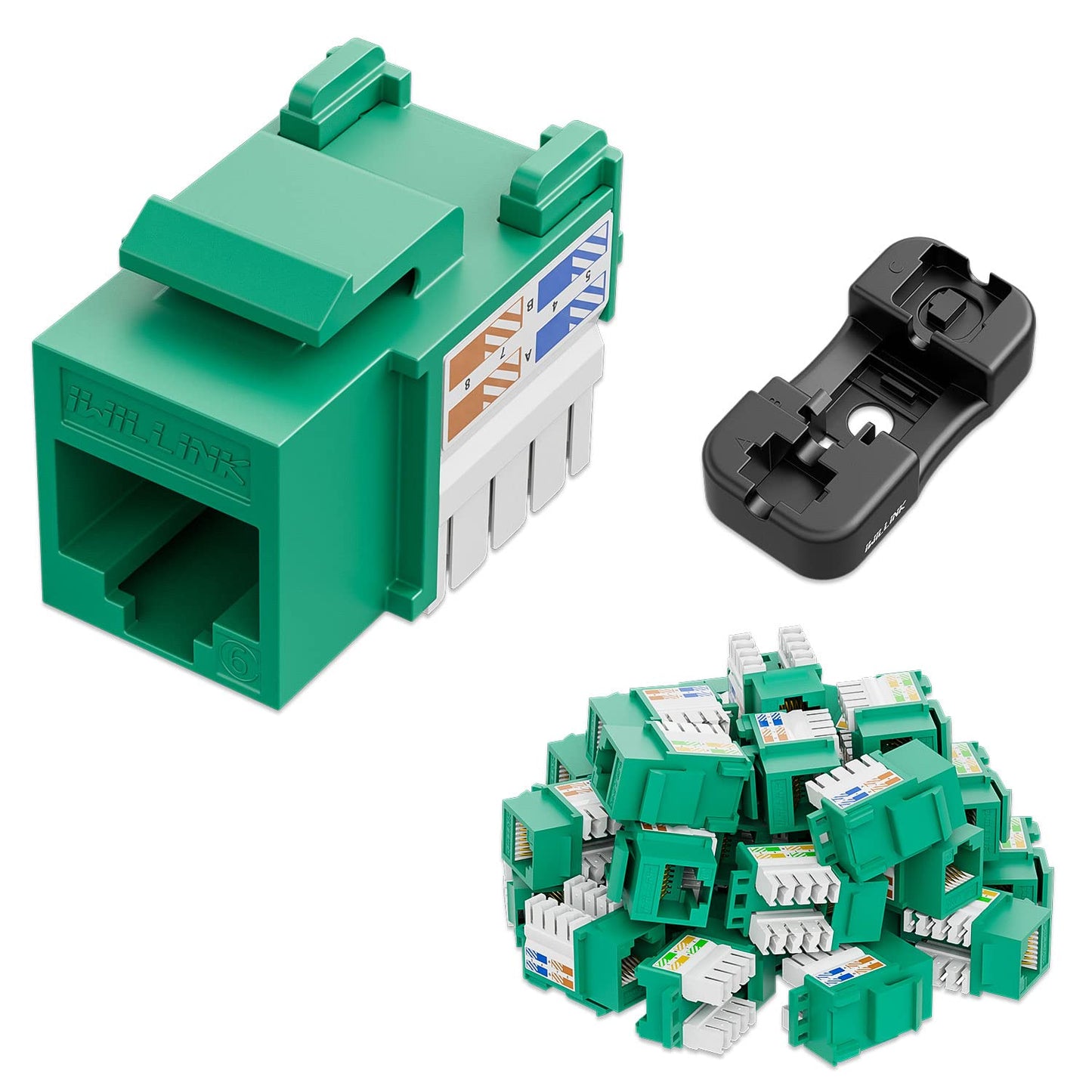 iwillink 10Gbps Cat6 Keystone Jack, RJ45 Keystone Jack 25-Pack and Keystone Punch-Down Stand, UTP Modular Ethernet Jack Insert 90-Degree, Punch Down Keystone Jack Adapter, Green