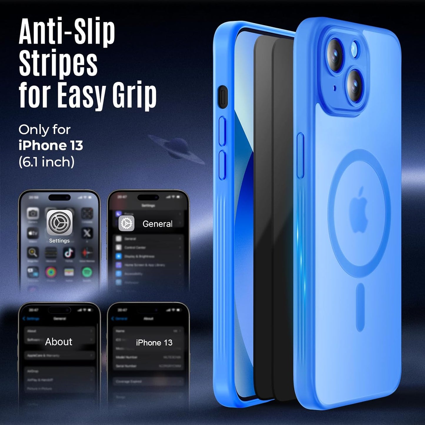 Designed for iPhone 13 Case, Compatible with MagSafe, with Privacy Screen Protectors X2, [Camera Protection] [15FT Military Drop Protection] Shockproof Phone Case, 6.1", Blue