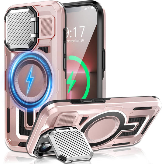 Camera Stand Case for iPhone 13 Pro, [Compatible with Mag Safe] [Lens Cover] 2024 Version Military Grade Protective Soft Case for iPhone 13 Pro 6.1 inch Men Women, Pink