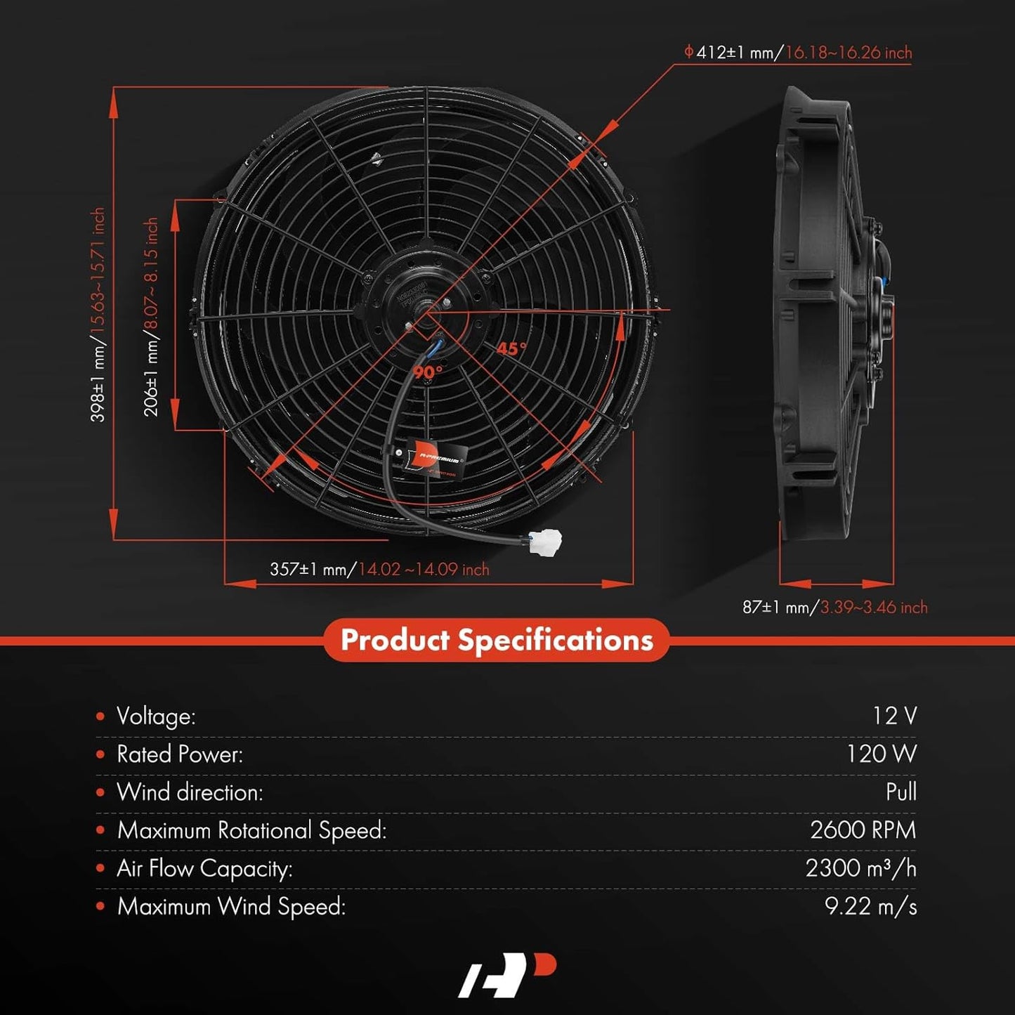 A-Premium 16'' 16 inch Slim Fan Pull Universal Electric Radiator Cooling Fan Assembly, 12V 120W with Mount Kit