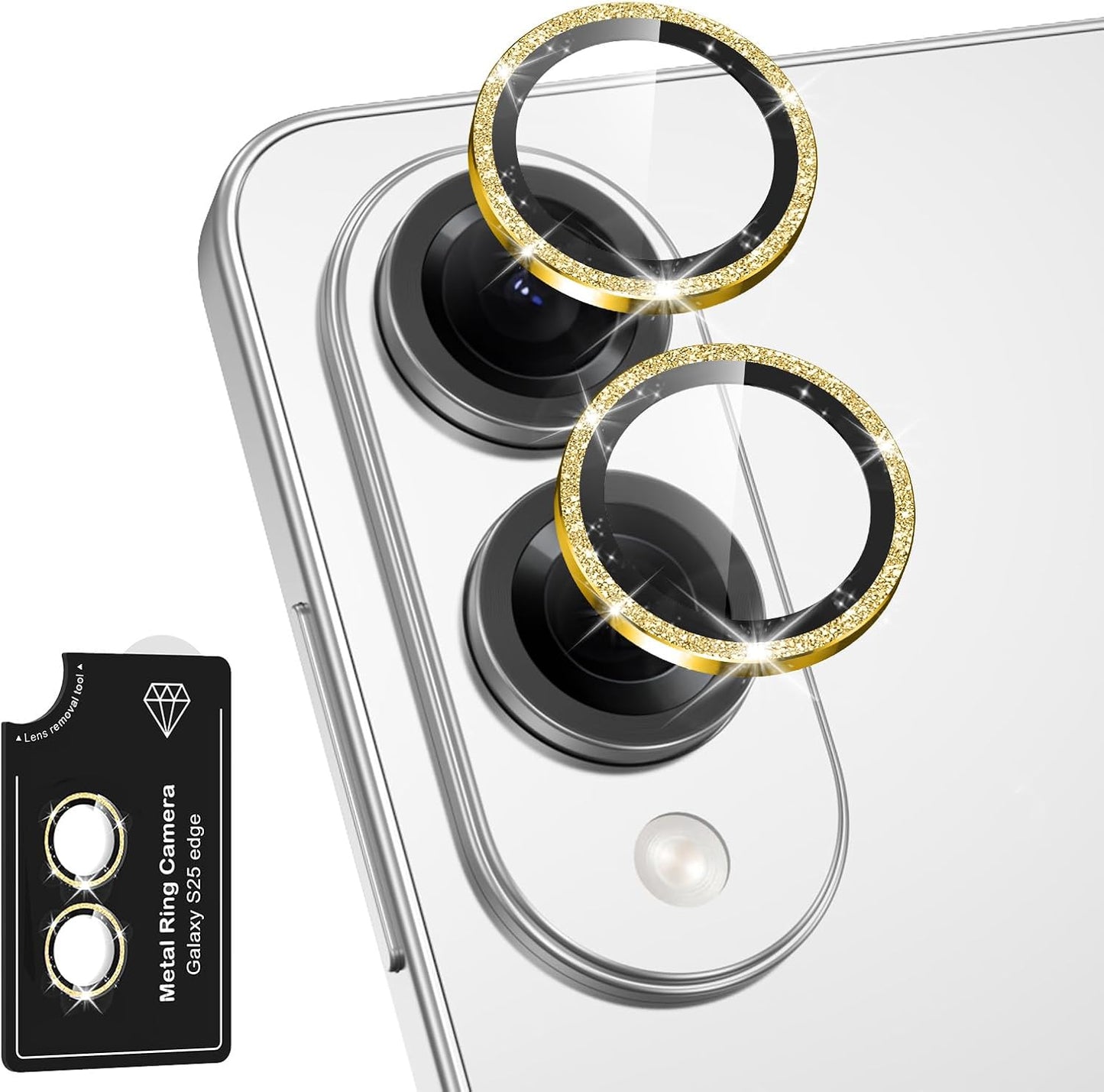 for Samsung Galaxy S25 Edge Camera Lens Protector, Individual Metal Ring Tempered Glass Lens Cover, [Strong Adsorption] Scratch Resistant Ultra-Thin HD Clear Lens Cover, 1 Set-Gold Sparkly