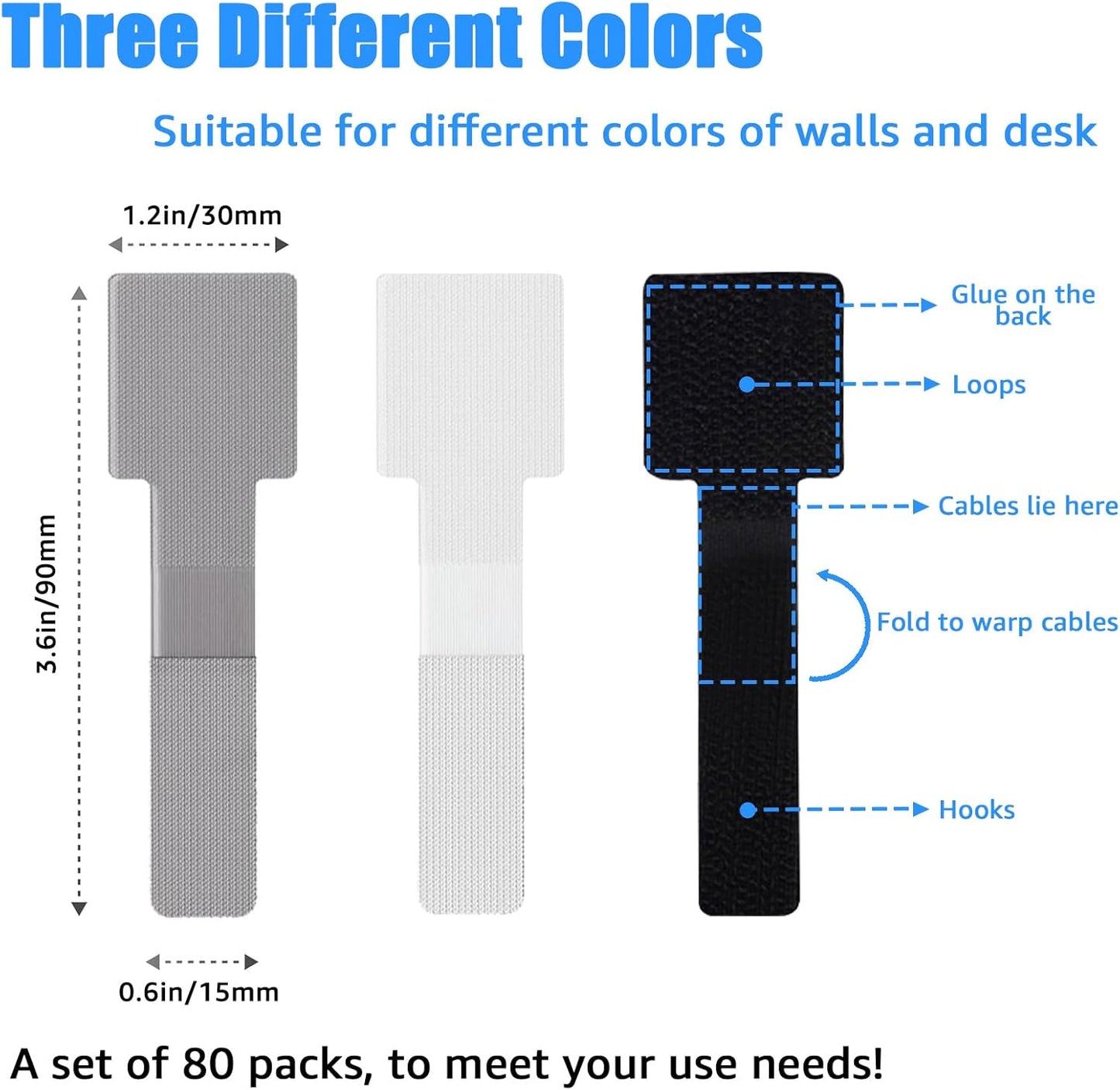 80PCS Hook and Loop Cable Ties, Hook and Loop Cable Straps, Under Desk Cable Management, Adhesive Cable Clips, Sticky-Back Cord Organizer for Desk, Household & Office Organization (Black+White)