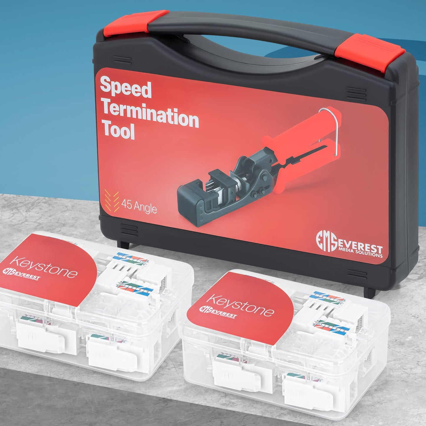 Everest easyJACK - 45° Angled Speed Termination Keystone Tool Set - with 20-Pack of RJ45 Cat6A Keystone Jacks in White (Slim Profile Design) - Time Saver Network Punch Down Tool Cat6A