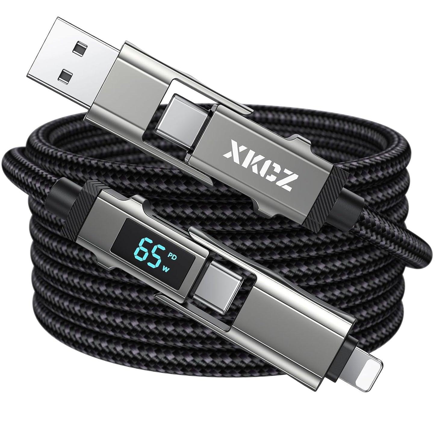 4 in 1 USB C Cable with Wattage Display, 65W Round Nylon Braided Multi Charging Cable with Data Sync, USB C Charging Cord Combo Type C/USB A/iPhone Port for iPhone/iPad/Samsung/Laptop, 3FT