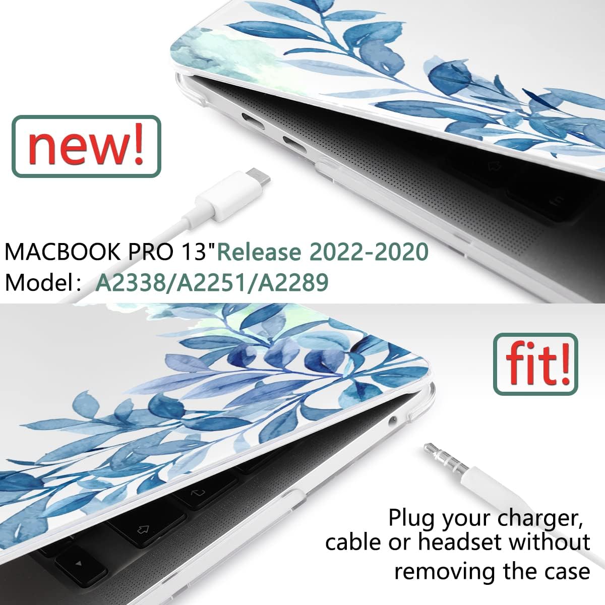 TWOLSKOO Compatible with MacBook Pro 13 inch Case 2022 2021 2020-2016 A2338 M2/M1 A2251 A2289 A2159 A1989 A1706, Plastic Hard Shell Cover & Keyboard Skin & Screen Protector, Blue Floral