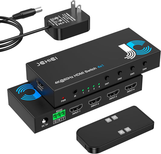 HDMI Switch 4 in 1 Out 4K@60Hz, 4 Ports HDMI Switcher Selector with Remote, Support HDCP 2.2 HD R10+ Dolby Vision/Atmos 18Gbps CEC for Apple TV Game PC PS4 5 Pro Xbox Roku