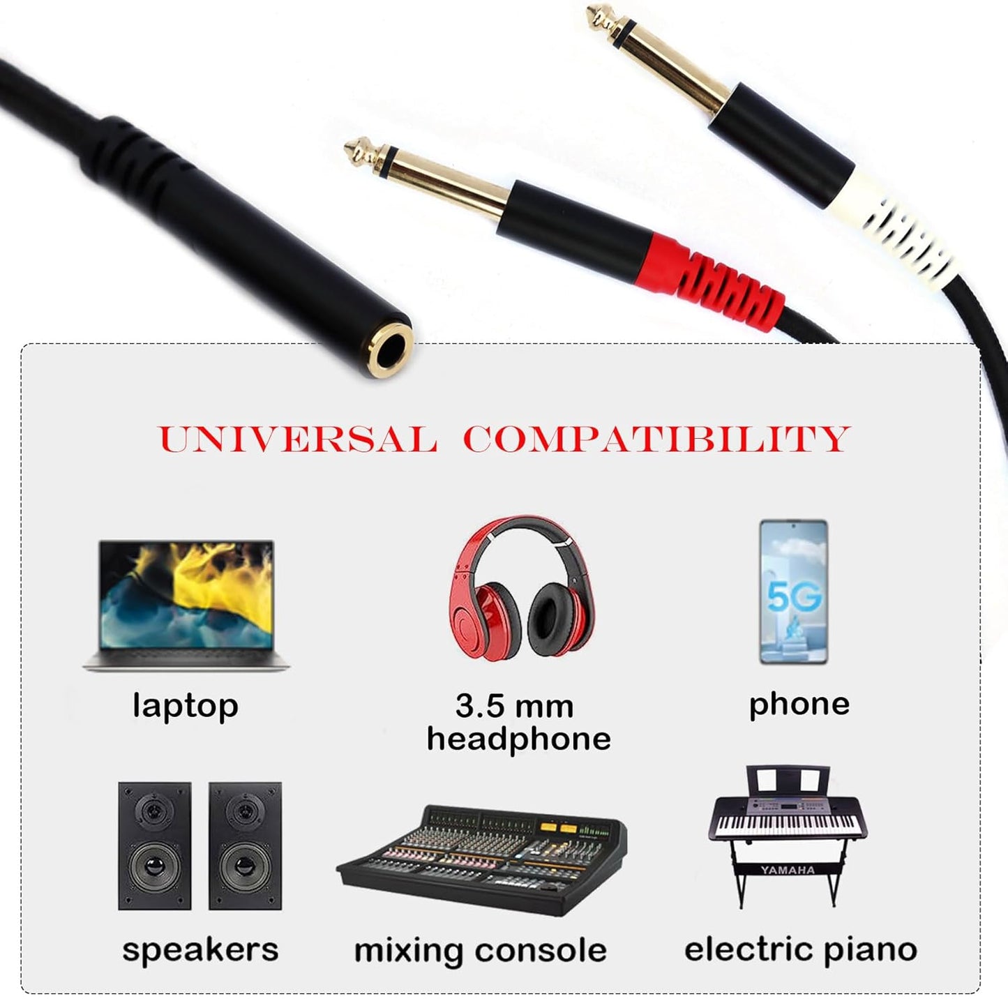 3.5mm to 1/4 Adapter Cable, 3.5mm TRS Female to Dual 1/4 inch TS Male Y Splitter Cable Adapter, Mini Jack Stereo to 2 Quarter inch Mono Insert Cable - 1 ft