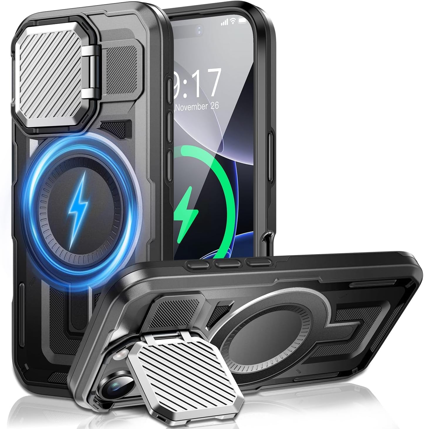 Camera Stand Case for iPhone 16 Pro, [Compatible with MagSafe] [Lens Cover] 2024 Version Military Grade Protective Soft Case for iPhone 16 Pro 6.3 inch Men Women, Black