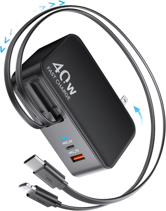 4-in-1 Retractable Gan Wall Charger Plug,Travel Essentials Brick Multiport USB Ports,3ft Lightening and Type c Cables,40W Multi Fast Charging Foldable Block for iPhone 16/15/14/13,iPad,Galaxy,Pixel