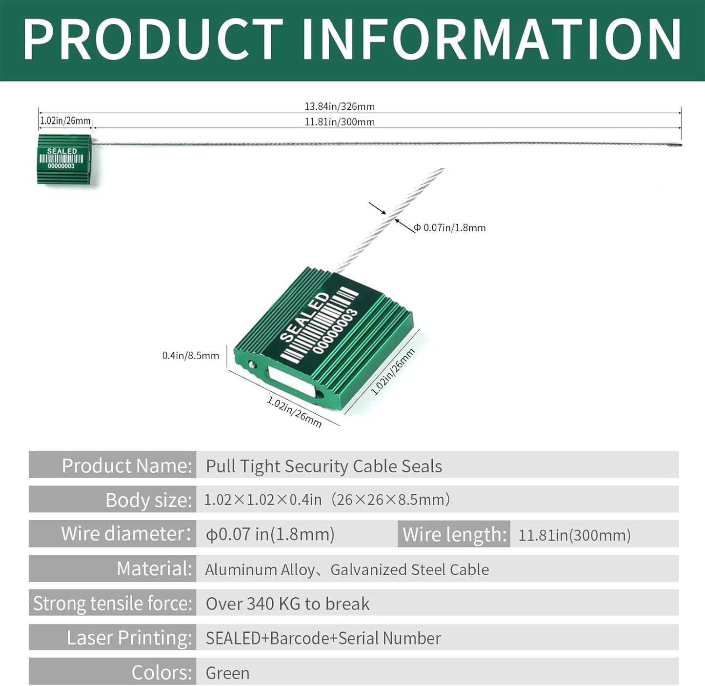 50 Green High Security Cable Seals with Barcode Pull Tight Numbered Steel Security Seals Metal Container Seals Anti-Tamper Shipping Self-Locking Tags for Logisitics ISO 17712 Certificated