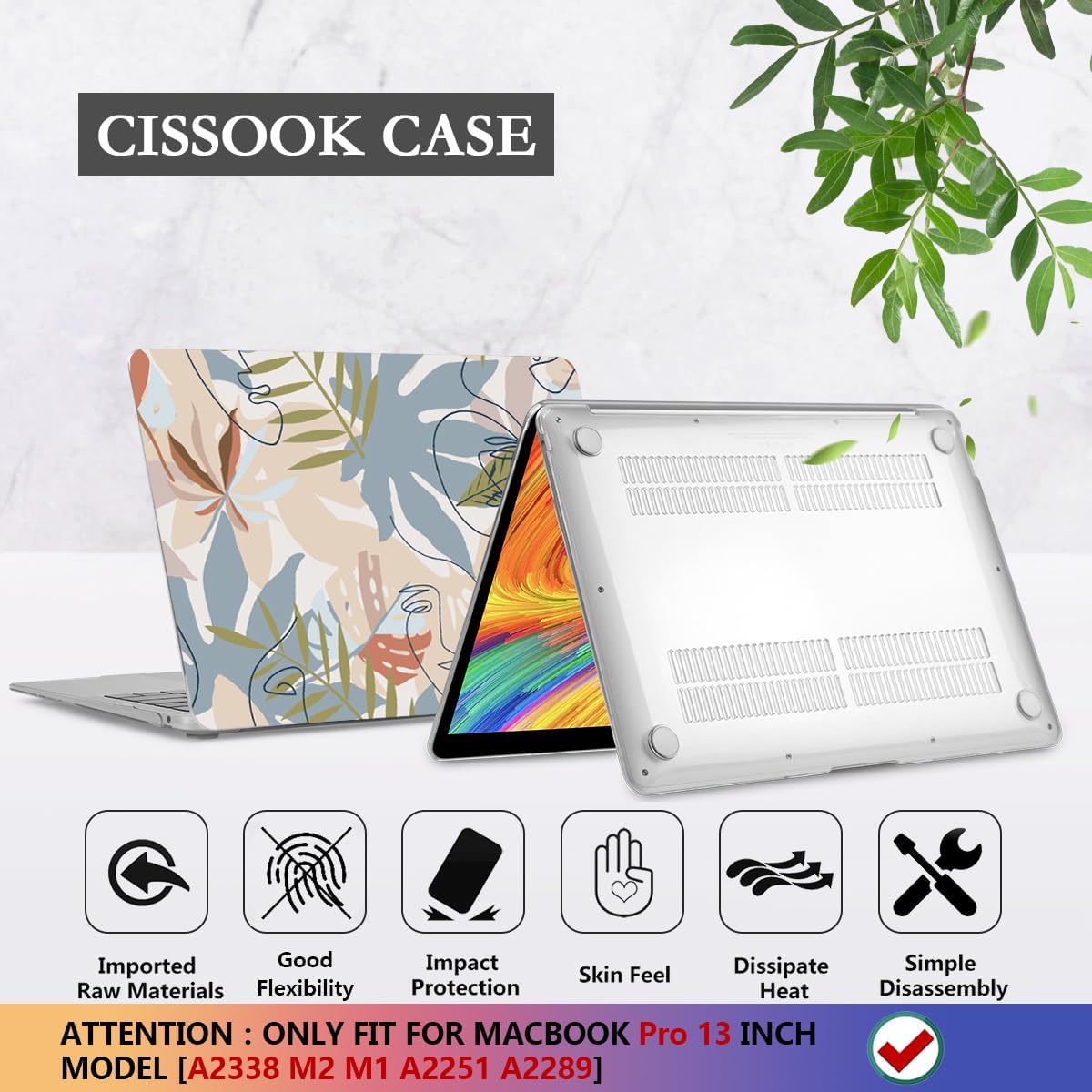 CISSOOK for MacBook Pro 13 inch Case 2023 2022 2021 2020 Release A2338 M2/M1 Chip A2251 A2289, Plastic Hard Shell Case with Keyboard Cover Compatible with MacBook Pro 13 with Touch Bar - Face&Leaf