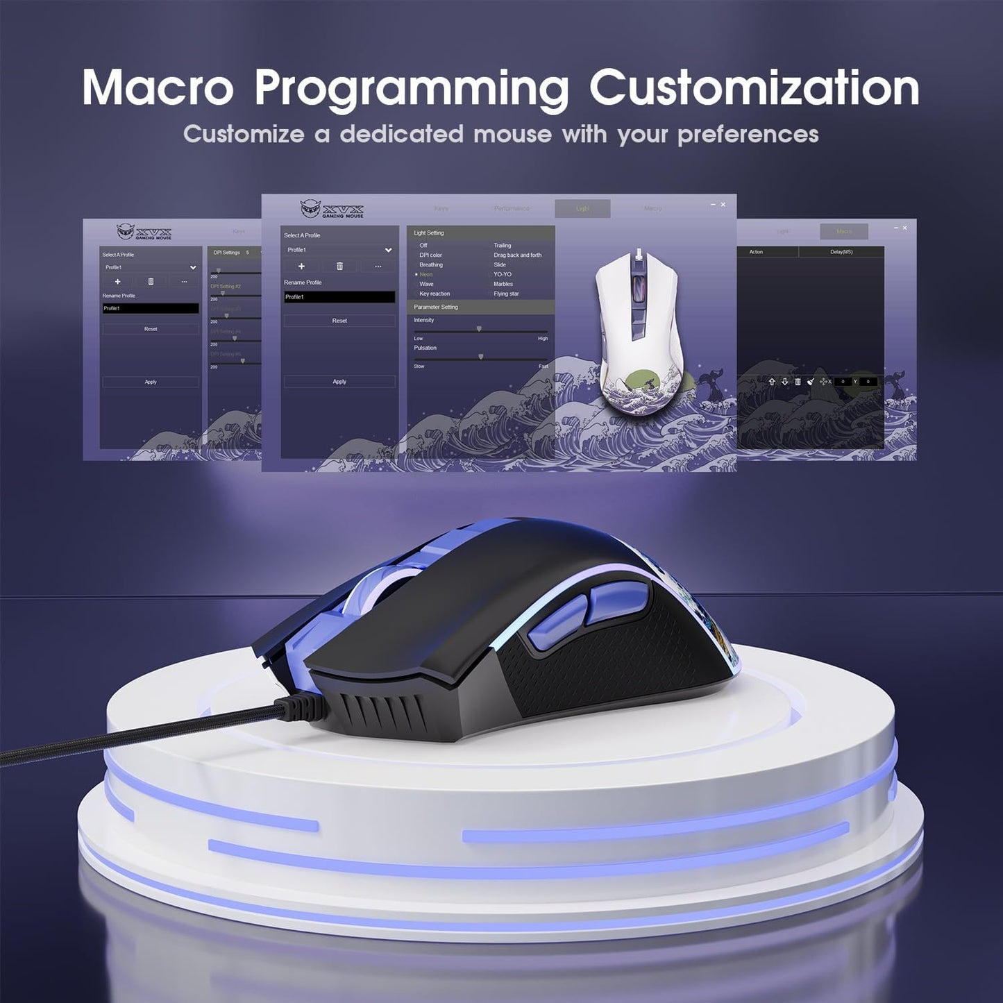 HITIME XVX Wired Gaming Mouse, 12000 DPI RGB Mouse with 12 Backlit Modes & 7 Macro Buttons, PC Gaming Mice Support DIY Keybinding, Gamer Computer Mice for Laptop PC Mac Windows, Kanagawa