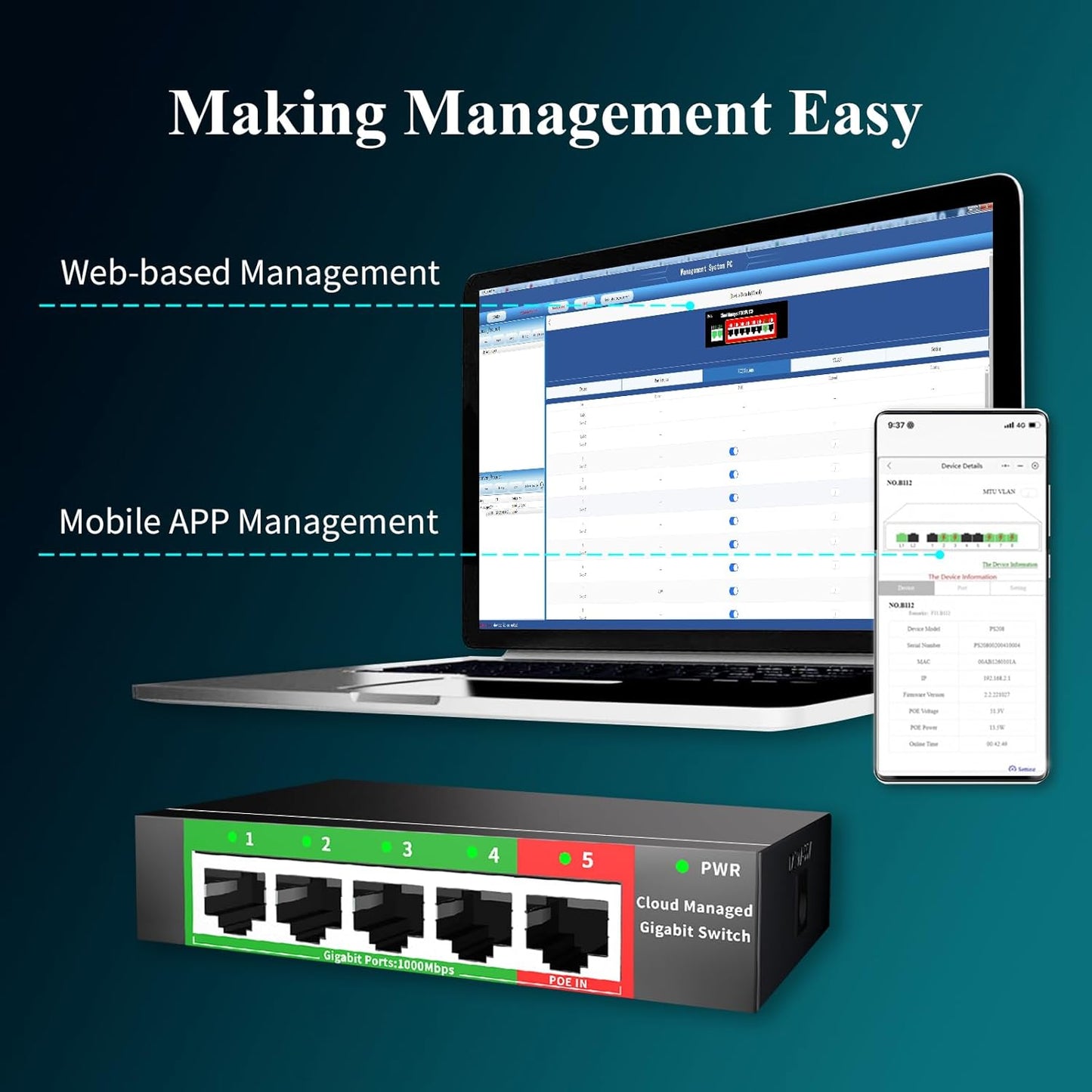 STEAMEMO 5-Port Gigabit Ethernet Switch | Smart Managed with VLAN/QoS | Plug & Play Desktop/Wall-Mount Network Hub w/ PoE in Design | Sturdy Metal & Energy-Efficient(Includes Power Adapter)