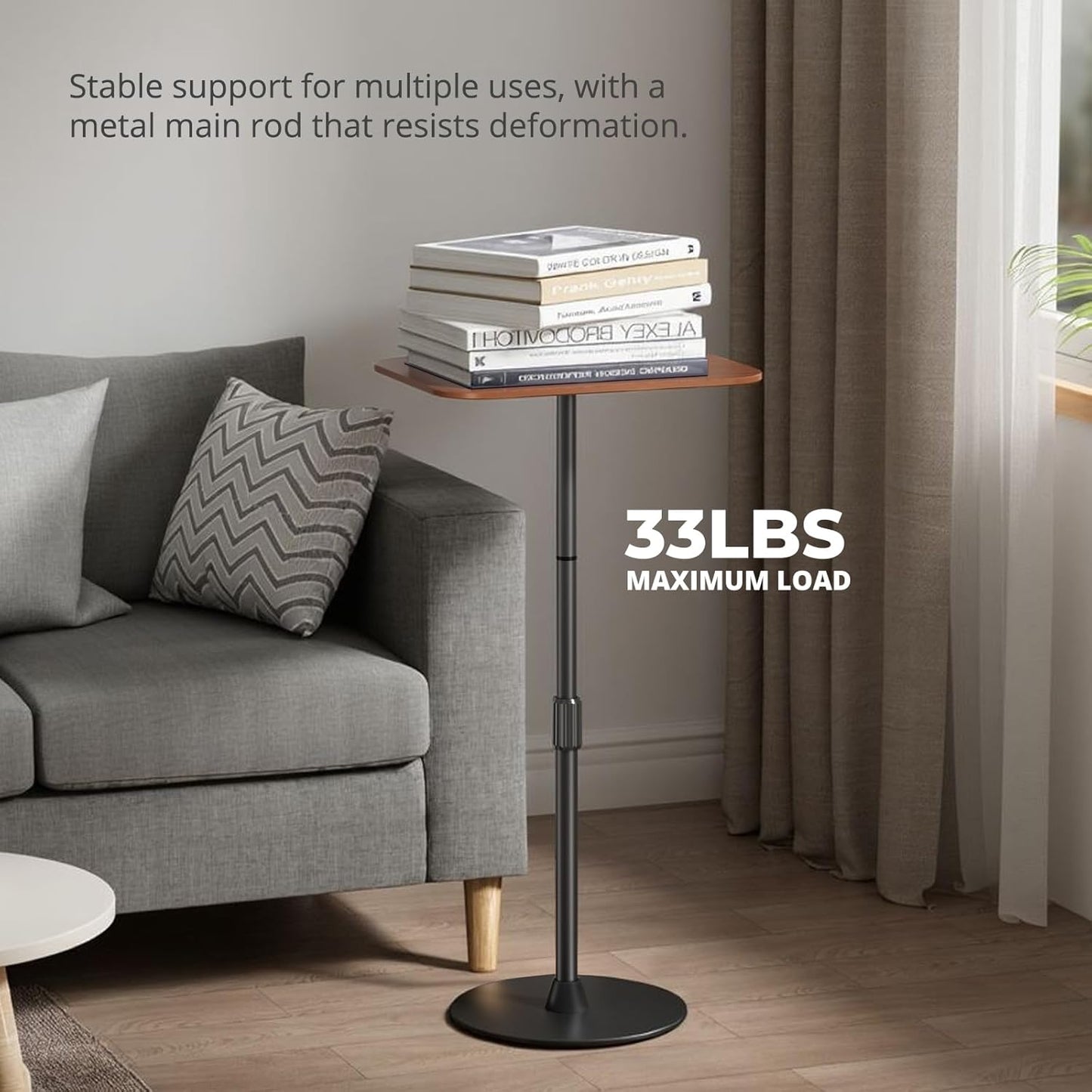 Adjustable Floor Laptop Stand, Height Adjustable Laptop Desk up to 37.8", Multifunctional Side Table for Sofa, Bedside, and Office with Sturdy Metal Base & Wooden Top