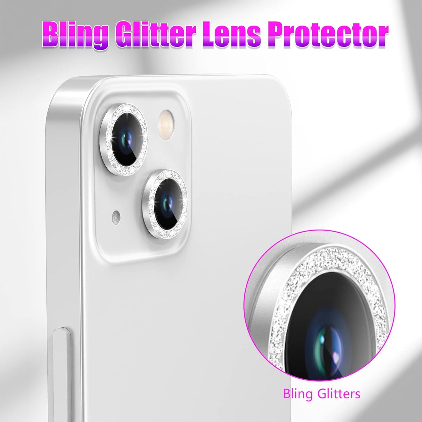 AGVEE 3+3 6 Pack for iPhone 13 6.1 inch / 13 Mini 5.4 inch Camera Lens Protector, Bling Diamond & Bling Glitter Metal Ring 9H Tempered HD Glass Camera Protector Cover Film, Bling-Silver