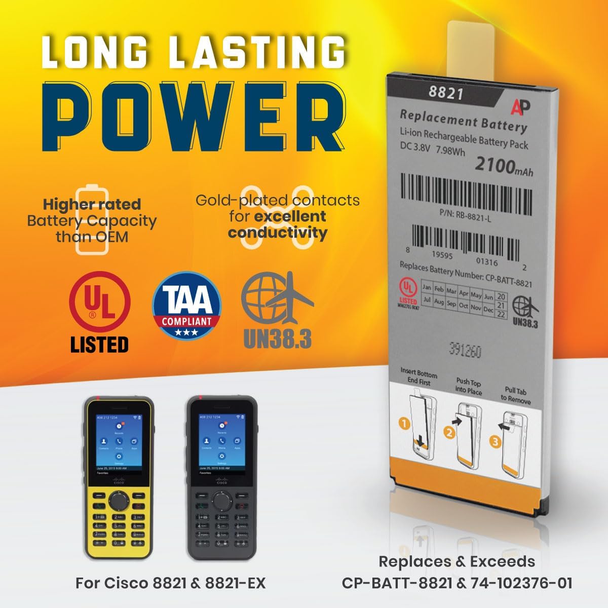 Artisan Power - Replacement Battery for Cisco 8821 and 8821-EX Phones - Replaces CP-BATT-8821-2100 mAh Replacement Phone Battery for Cisco 8821 Unified Color Wireless VOIP Phone