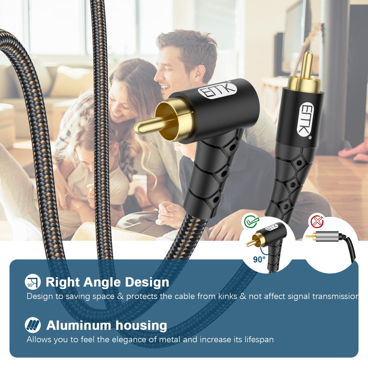 EMK 90 Degree RCA Subwoofer Cable 24K Gold-Plated Connector Nylon Braided Double Shielded – Support Digital & Analog Signals for Amplifier, Home Theater, Hi-Fi System,Subwoofer Black/15ft/5m