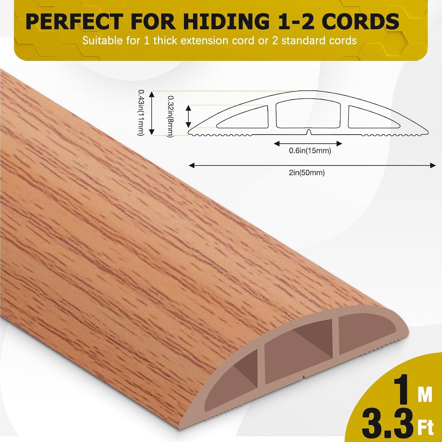 Floor Cord Cover 3.3FT Cord Covers for Wires on Floor Protect Wires & Prevent Trip Hazards, Easy to Cut for Home, Office, School, Concerts, Cavity W0.6in x H0.32in