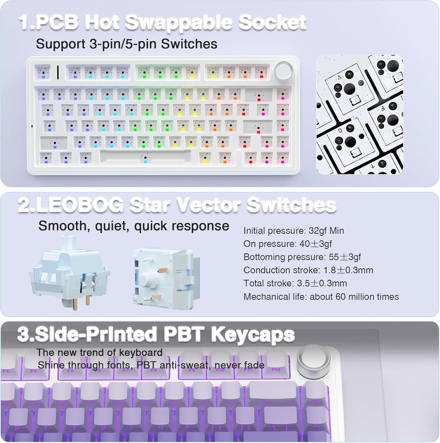 AULA F75 Pro Wireless Mechanical Keyboard,75% Hot Swappable Custom Keyboard,RGB Backlit,Pre-lubed Linear Switches,Side Printed PBT Keycaps Mechanical Gaming Keyboards,Gradient Purple