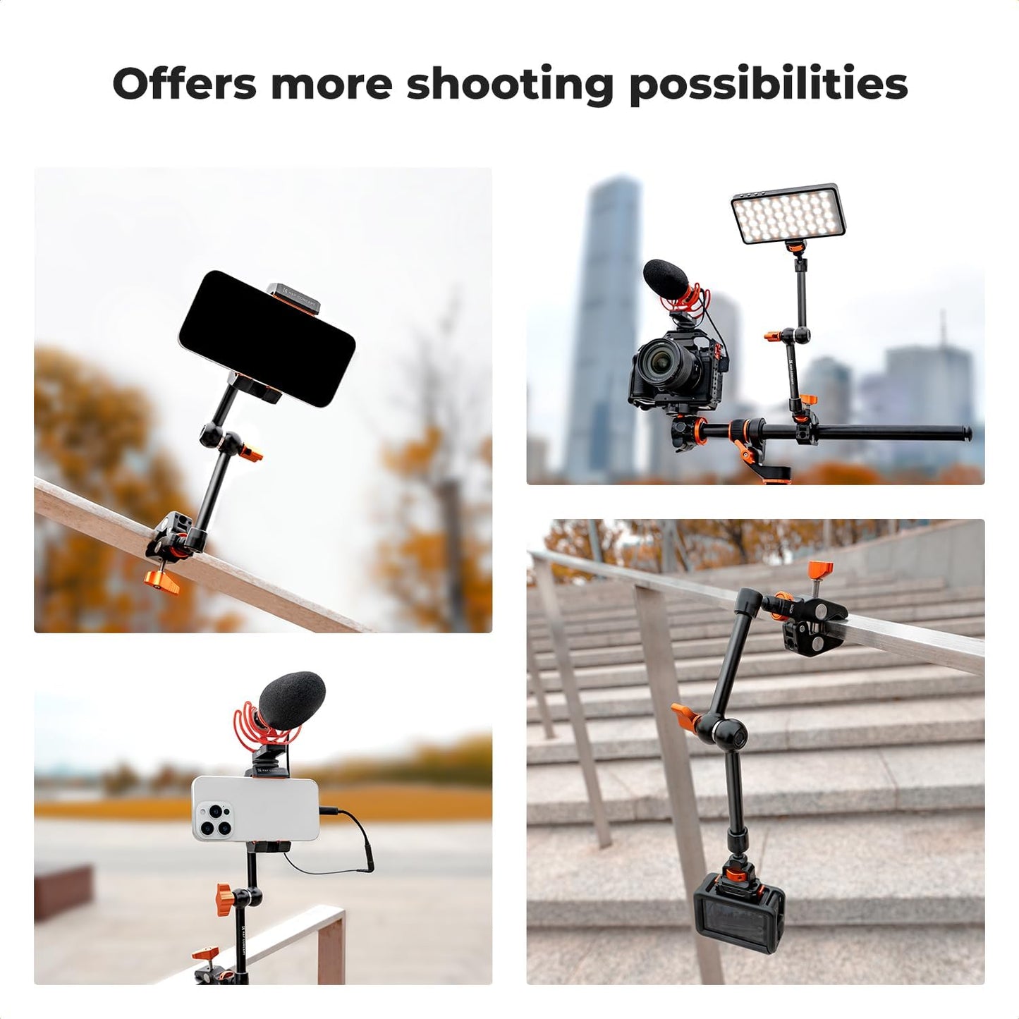 K&F CONCEPT 11" Magic Arm 1/4" Screw 360° Ball Heads Articulating Friction Camera Arm Mount for Monitor, LED Light, Webcam, Microphone, Camera Cage