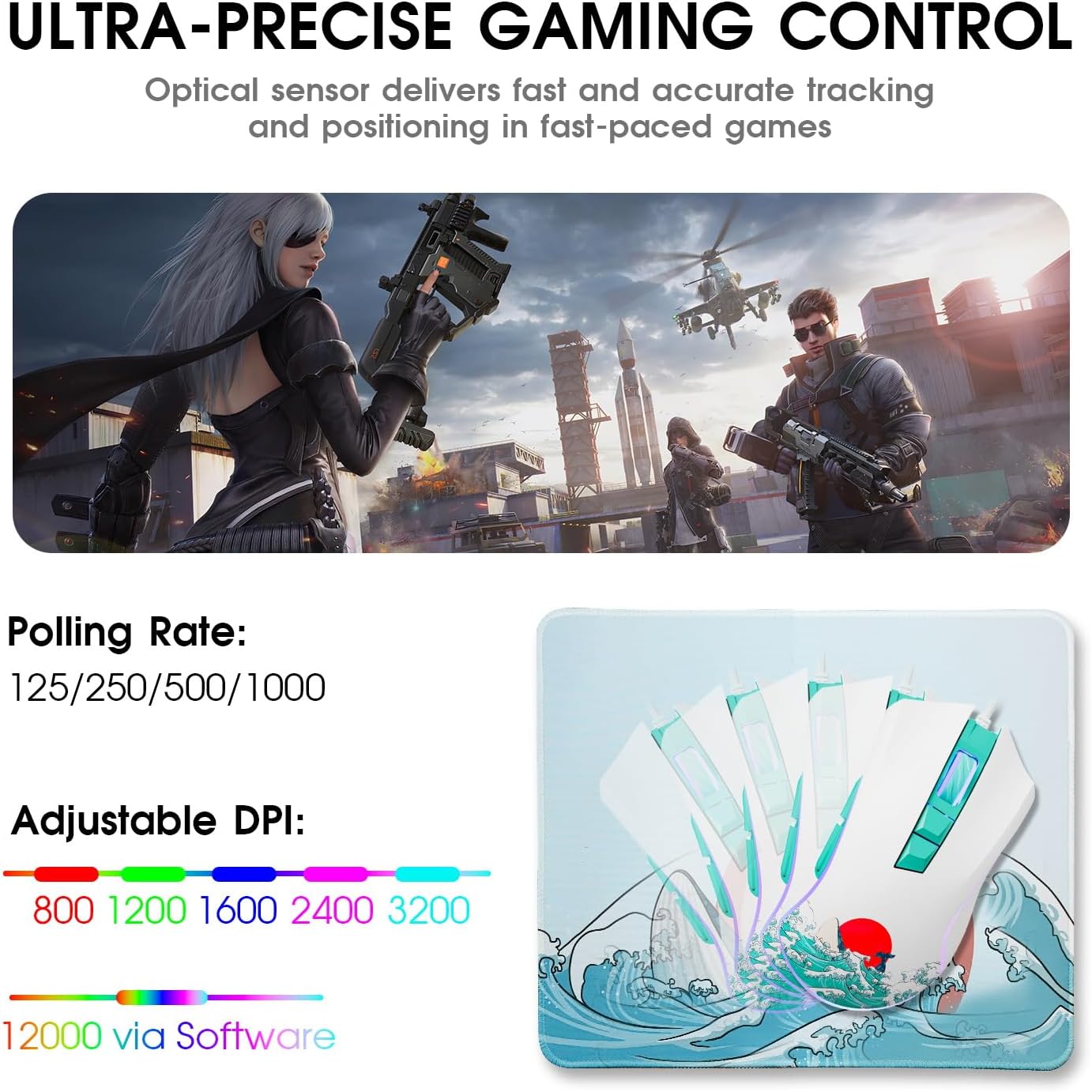 HITIME XVX Wired Gaming Mouse, 12000 DPI RGB Mouse with 12 Backlit Modes & 7 Macro Buttons, PC Gaming Mice Support DIY Keybinding, Gamer Computer Mice for Laptop PC Mac Windows, Coral Sea