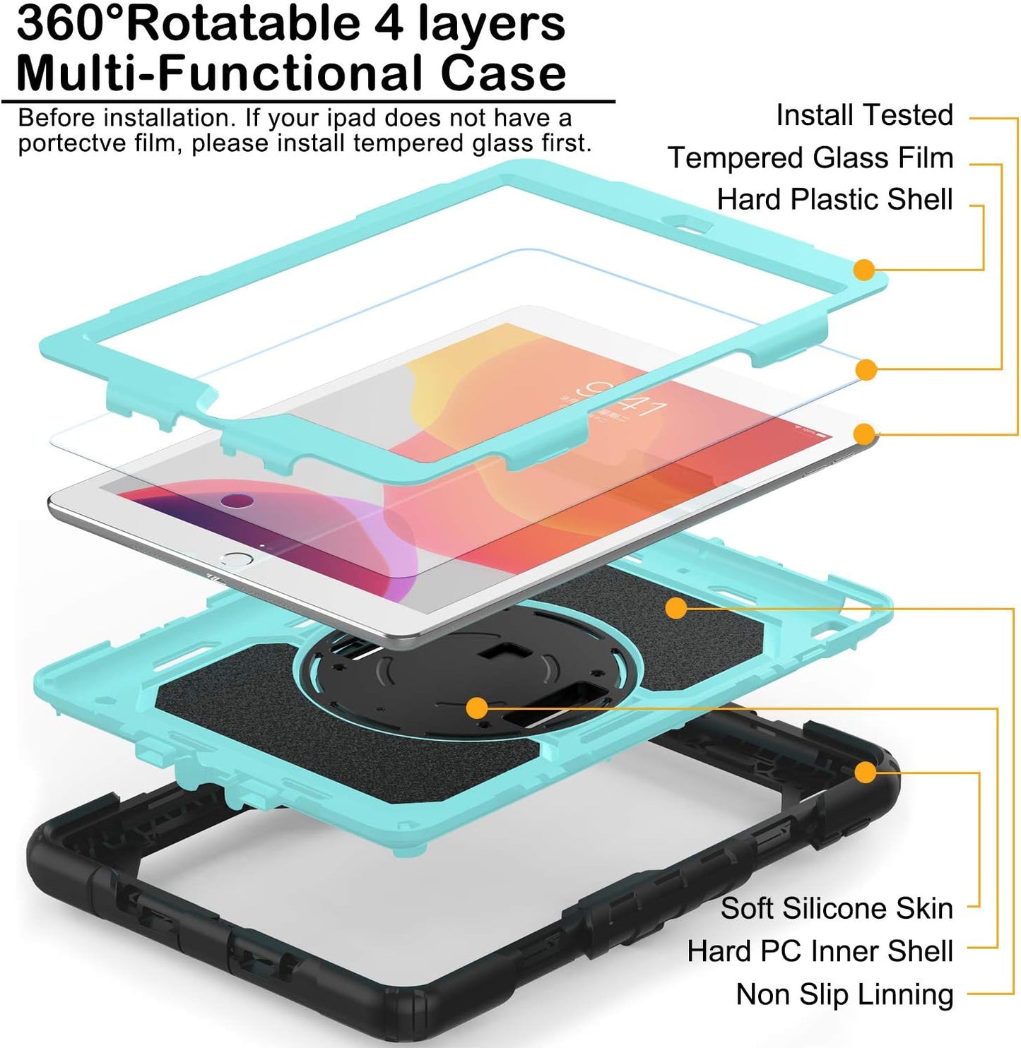 BLOSOMEET Case for iPad 9th/8th Generation 2021/2020 10.2 Inch with Tempered Glass Screen Protector & Pencil Holder,Rugged Kids iPad 7th Gen 10.2 Case 2019 Cover w/Stand Hand Shoulder Strap,SkyBlue