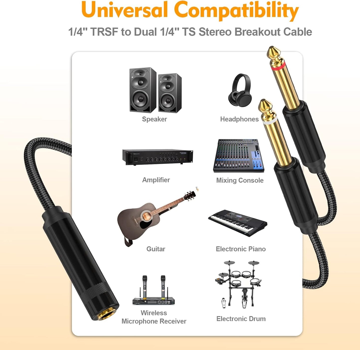 HOSONGIN 1/4 TRS Stereo Jack to Dual 1/4 TS Mono Y-Splitter Insert Cable, Nylon Braided Jacket Gold-Plated Plug Double Shielding Cable, 1 Feet