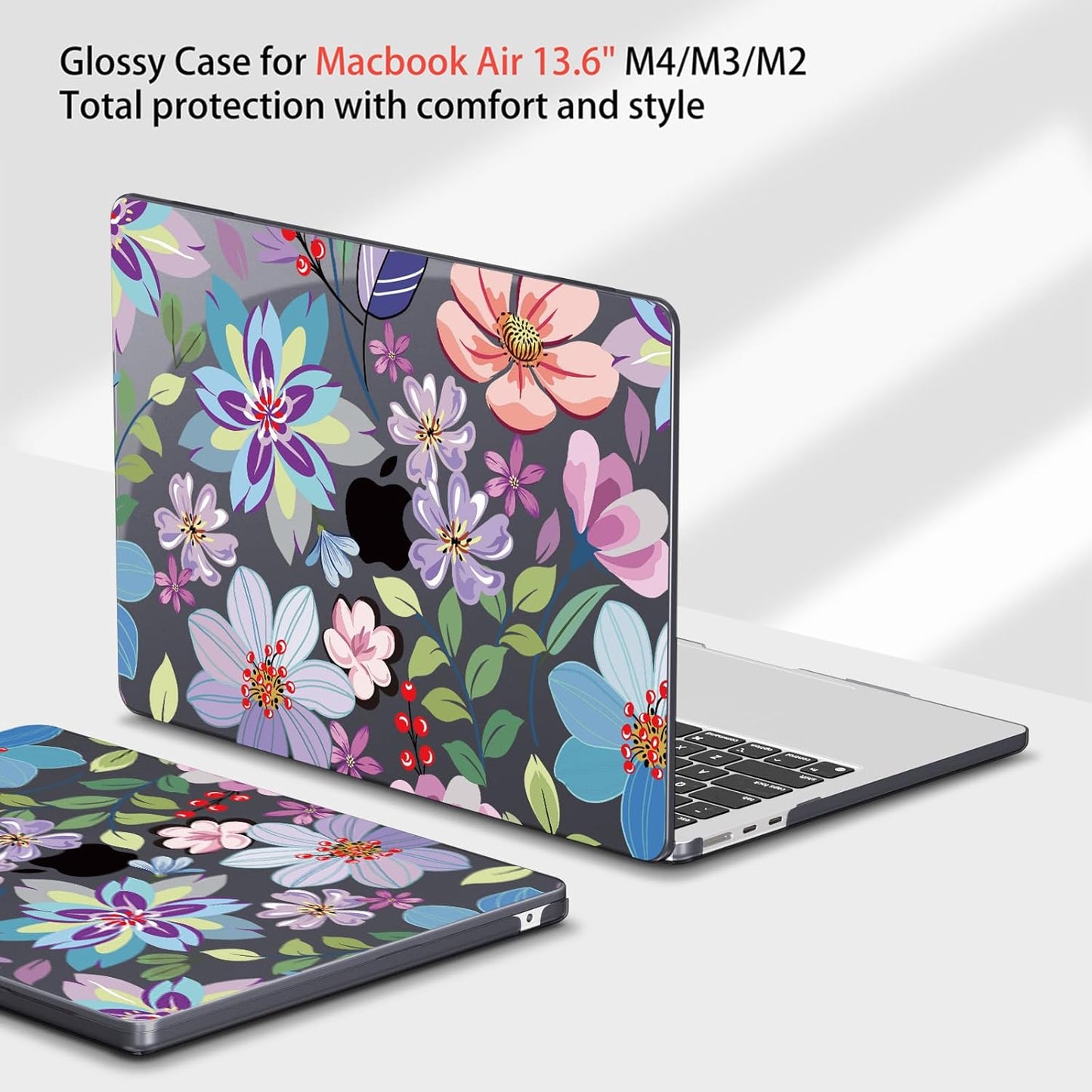 Teryeefi for MacBook Air 13.6 inch Case M4 M3 M2 2024-2022 Release Model A3240 A3113 A2681, Protective Plastic Hard Shell Cover for MacBook Air M2 M3 M4 13 inch, Pretty Flowers Black-104