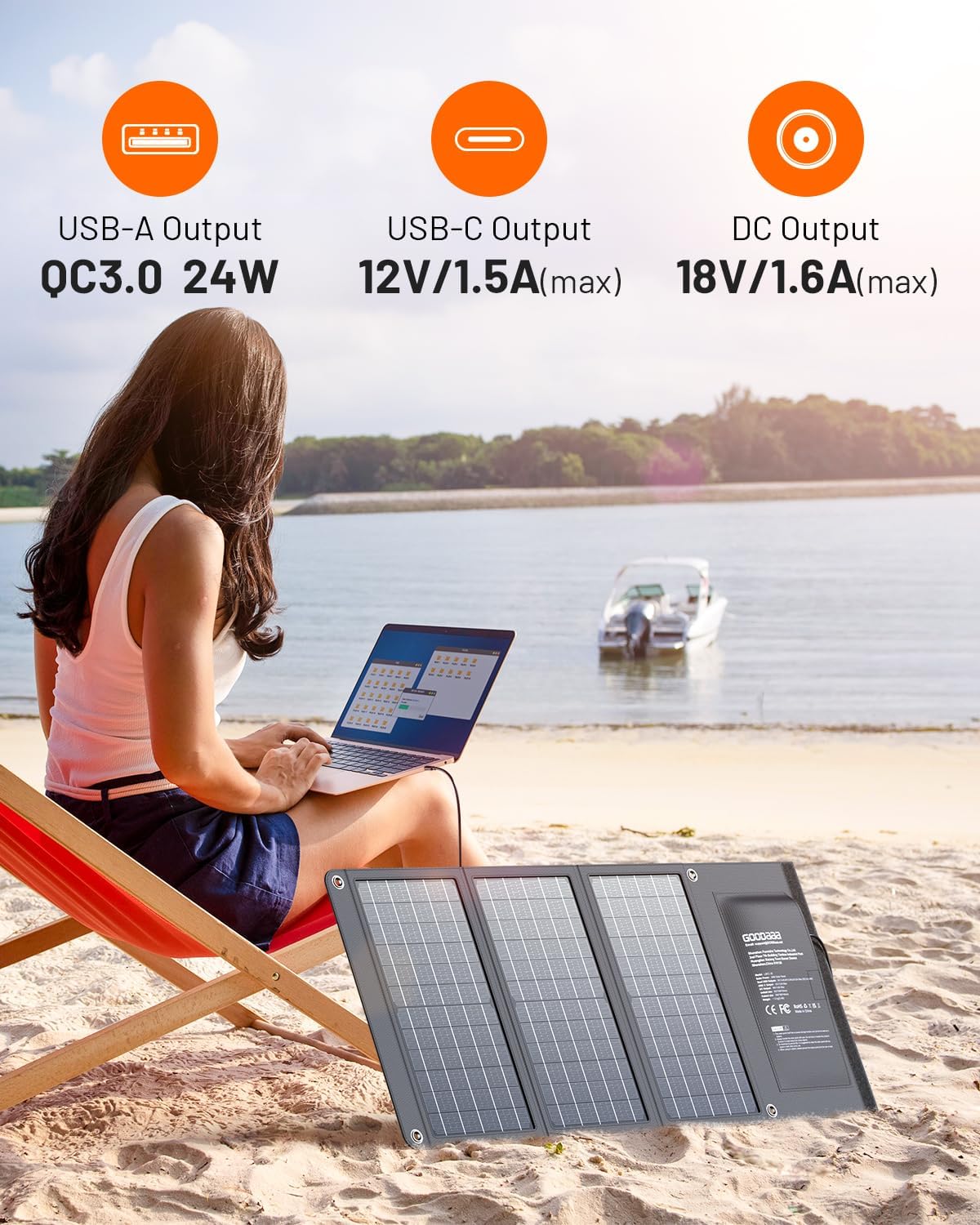 GOODaaa 30W Portable Solar Panel with Three Outputs, USB QC 3.0 Fast Charging Foldable Solar Charger, IP65 Waterproof Panels for Outdoor, Dual USB & One DC Charger for Phones, Tablet, Power Station