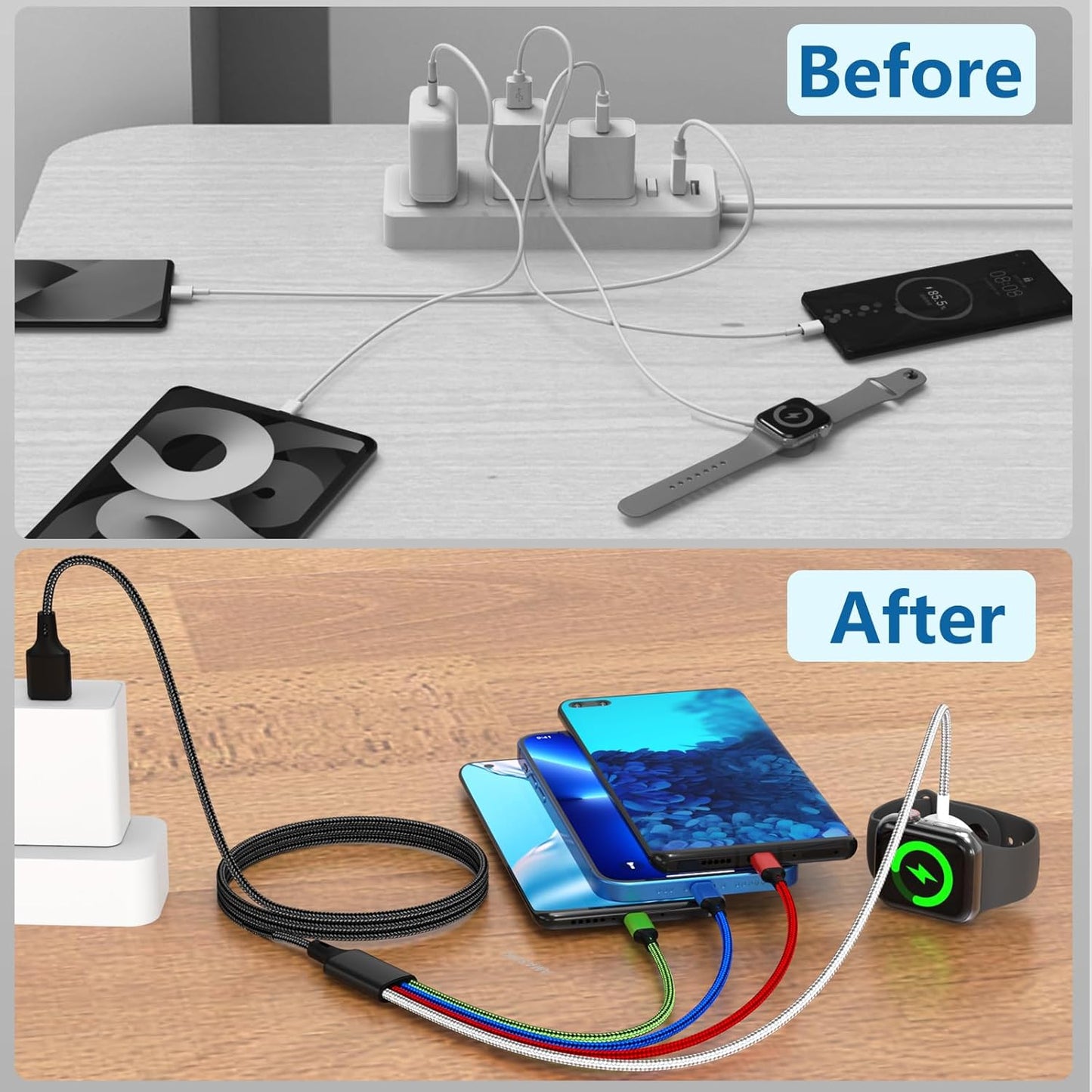 2Pack Multi Charging Cable for Apple Watch Charger 4 in 1 Travel Essentials Camping Essentials USB C/L/Micro Port Compatible with iWatch Series 10-1/iPhone 16/15/Galaxy Android-4FT