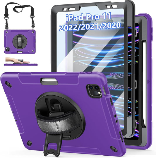 Case for iPad Pro 11 Inch 2022/2021/ 2020/2018: Cover for iPad 11 Inch 4th/ 3rd/ 2nd/ 1st Generation with Screen Protector- Stand- Handle- Shoulder Strap- Pencil Holder Purple