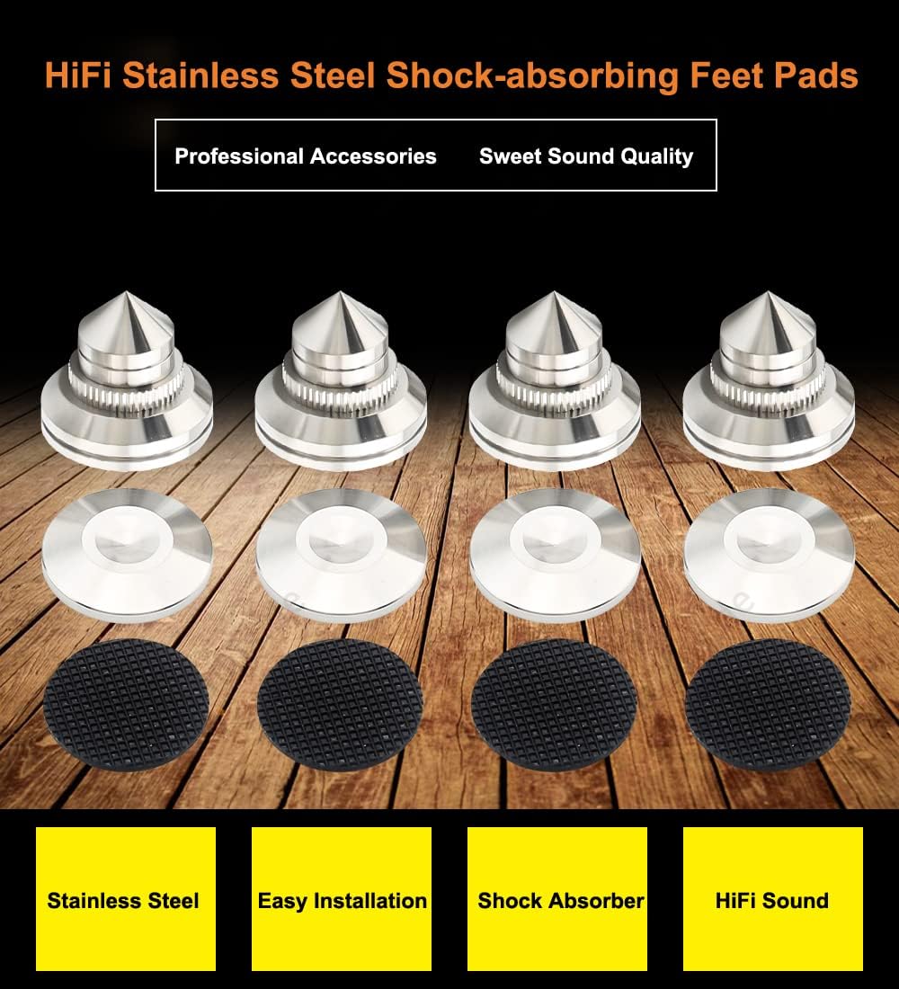 4 Sets Speaker Isolation Stand Feet, Stainless Steel Speaker Base Pads, Shockproof 28-32mm Adjustable Speaker Vibration Absorber Spike Cone Mats for Amplifier Turntable DAC Recorder CD (27x29x5MM)
