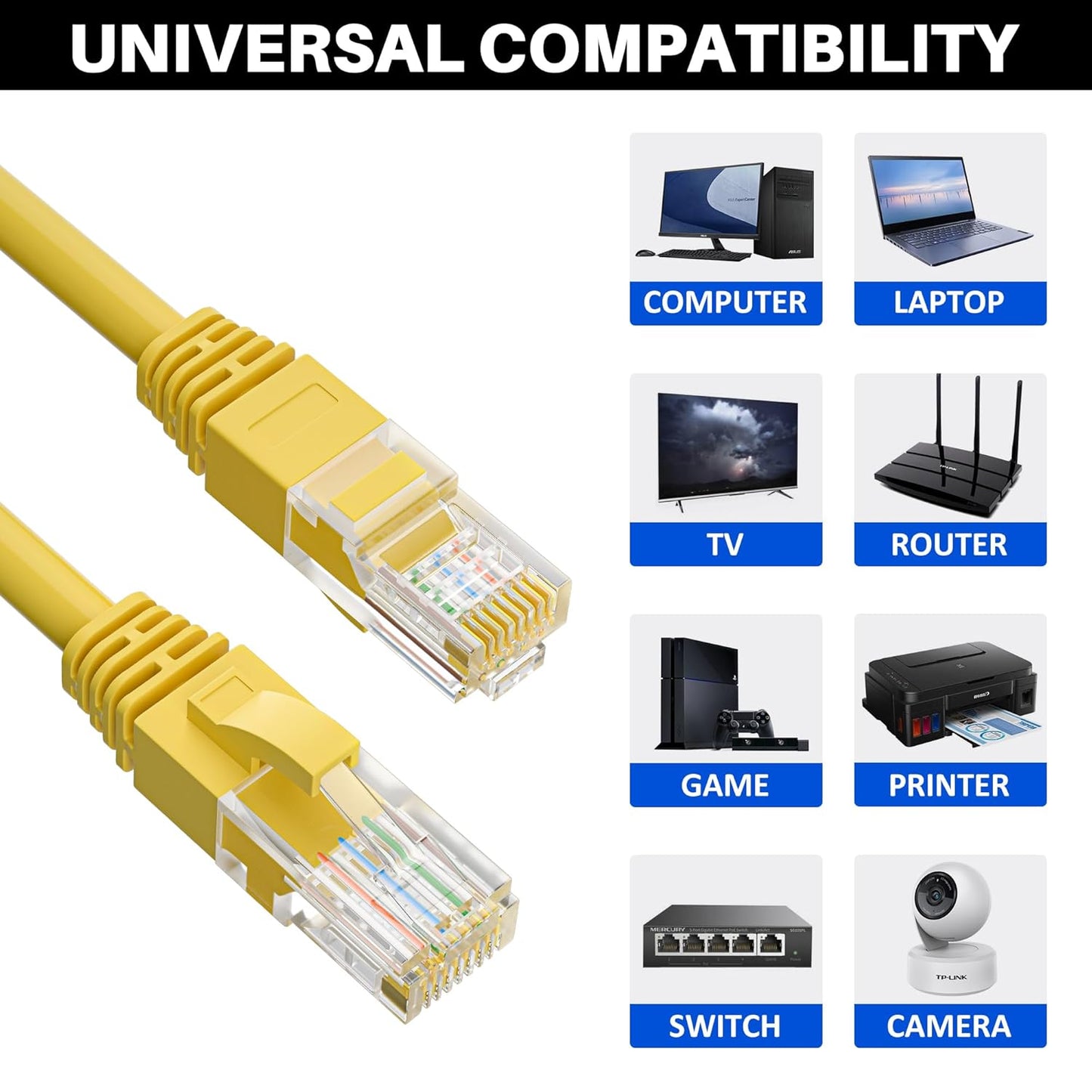 Cat5e Ethernet Cable 35 FT, Long Cat 5e Internet Cable, Yellow Snagless Patch Cord, Flexible, Network, LAN, PoE, Standard RJ45 Connector for PC, Server, Router, Modem, TV, PS5 - with 15 Cable Ties
