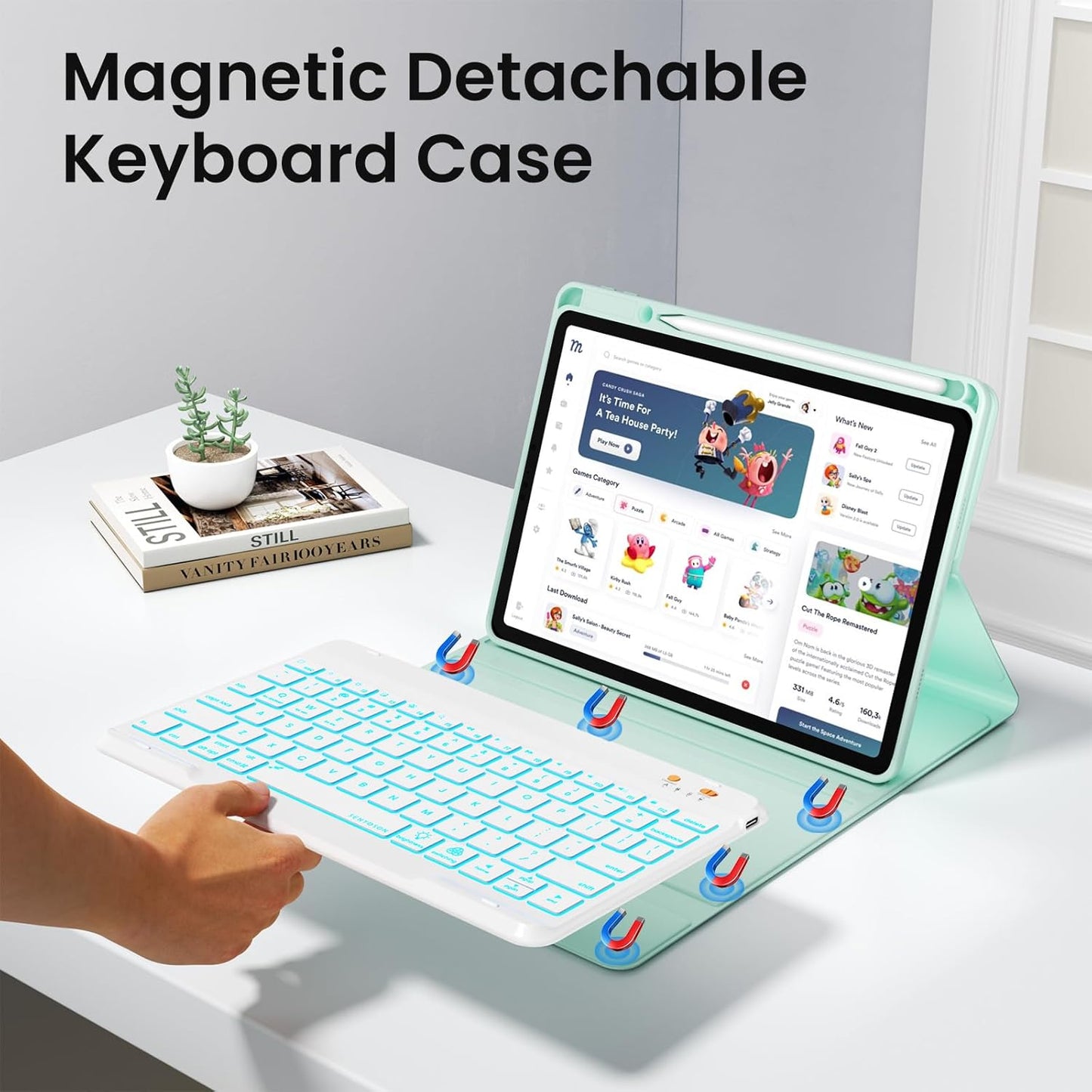 iPad 7th/8th/9th Generation Case with Keyboard 10.2-inch 2019/2020/2021, iPad Air 3rd/Pro 10.5-inch 2017 Compatible, 7 Color Backlit Keyboard BT/Wireless/Detachable with Pencil Holder (Mint Green)