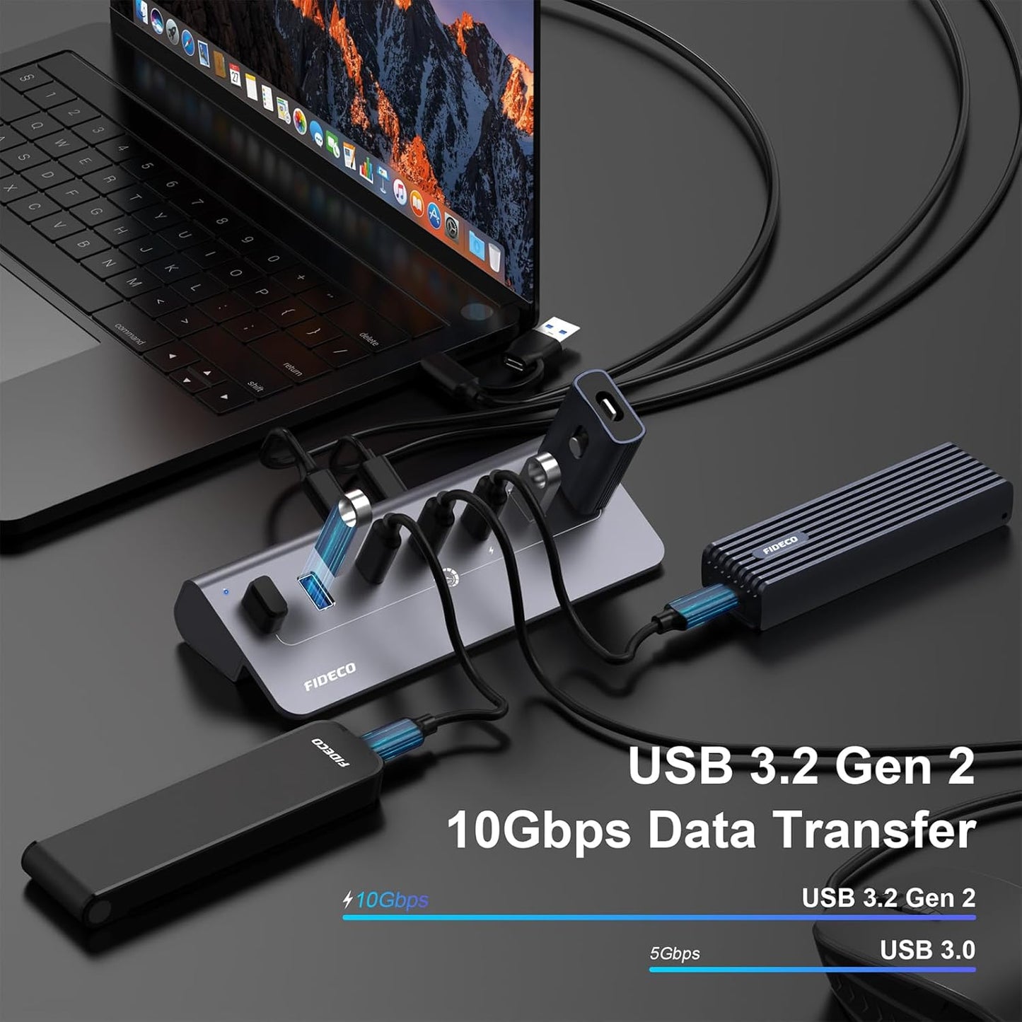 FIDECO Powered USB Hub, 7 Port 10Gbps Fast Data Hub for iPhone 16/15 and Laptop, Full Aluminum USB Splitter with 5V 3A Power Adapter, 4 USB A and 3 USB C Ports, Support BC1.2 Charging, Grey