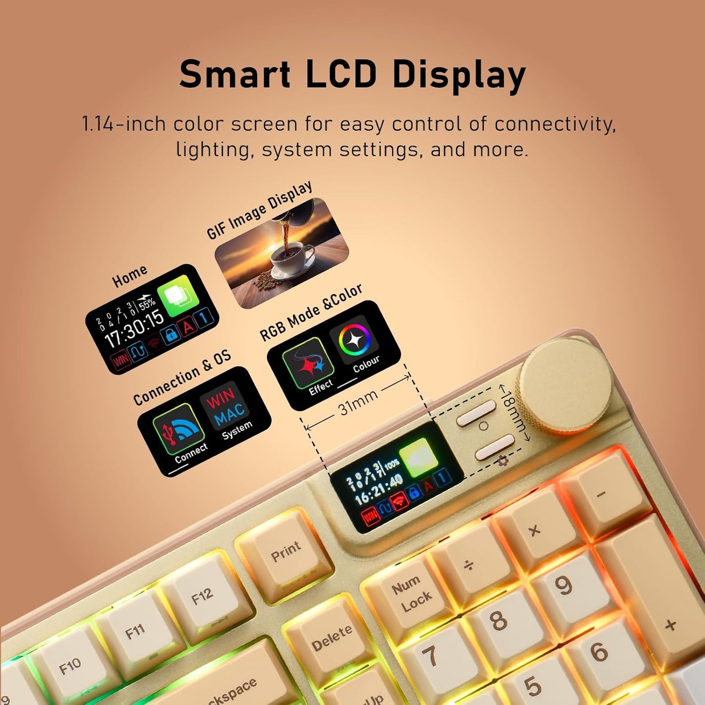 iRocks K85R Wireless RGB Backlit Mechanical Gaming Keyboard with LCD Display, Hot-Swappable Pre-lubed Switches, 98 PBT Keys, USB-C Detachable Cable (Light Golden, Silent Bubble Switch)