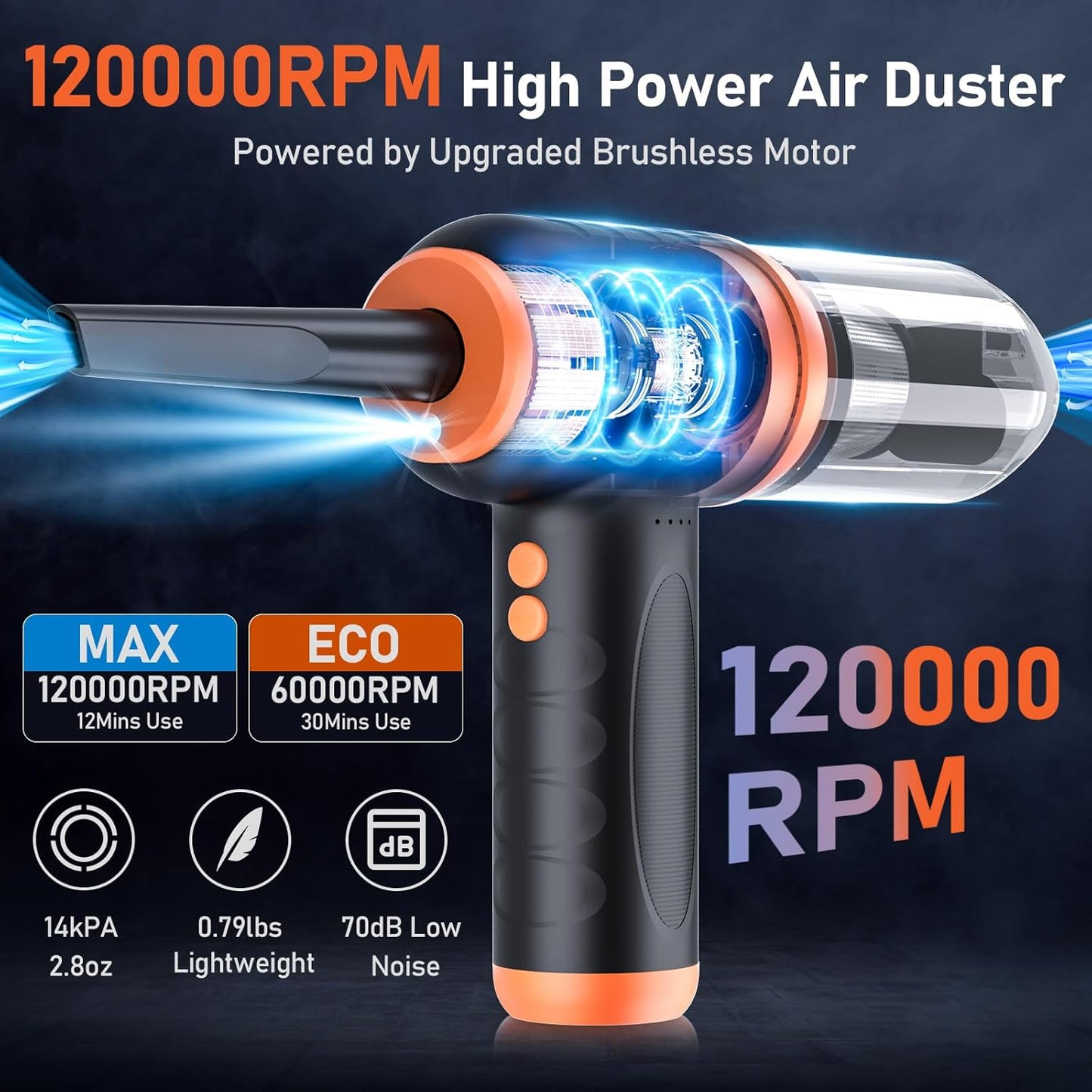 COLORCORAL 12-in-1 Cordless Compressed Air Duster with 2-Speeds 120,000RPM, LED Light, Computer Vacuum Air Duster 2-in-1, Perfect for Deep Cleaning Keyboards, PCs, Cars, and Electronics