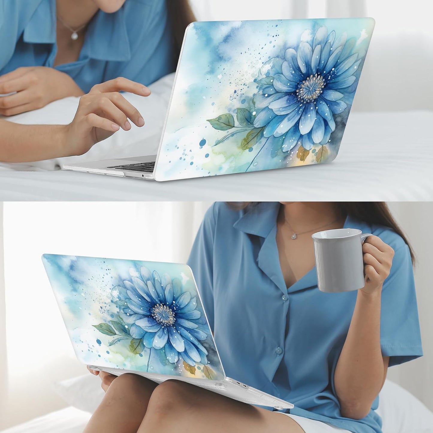 Mektron for MacBook Pro 13-inch Case 2022 2021 2020 Release A2338 M2 M1 A2289 A2251, Printed Plastic Hard Shell Cover for MacBook Pro 13.3-inch Touch Bar Fits Touch ID, Watercolor Blue Flower