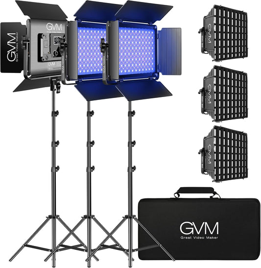 GVM RGB LED Video Light, Photography Lighting with APP Control, 1000D Video Lighting Kit for YouTube Studio, 3 Packs Led Panel Light, 3200K-5600K, 8 Kinds of The Scene Lights, CRI 97