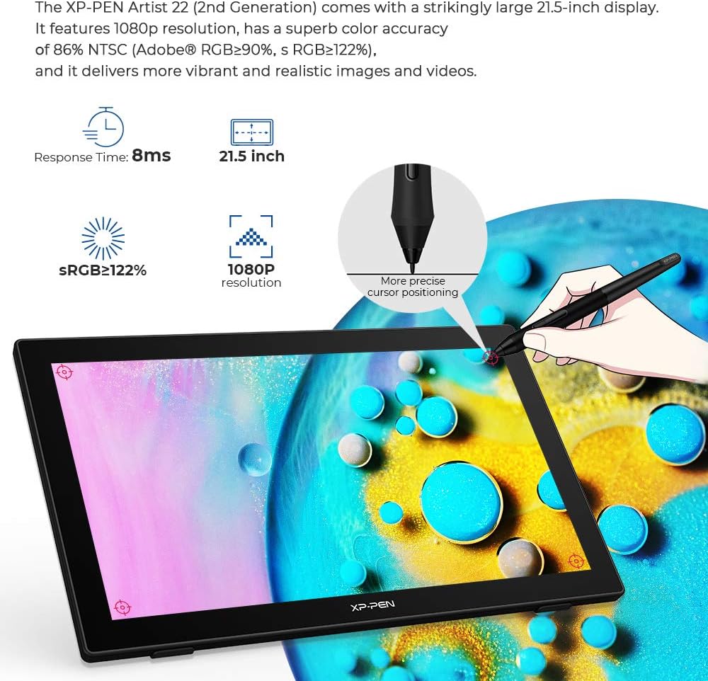 Drawing Tablet with Screen XPPen Artist 22 2nd Computer Graphics Tablet 122% sRGB with Tilt Function Battery-Free Stylus Adjustable Stand, 21.5inch Pen Display Compatible with Windows PC, Mac, Linux