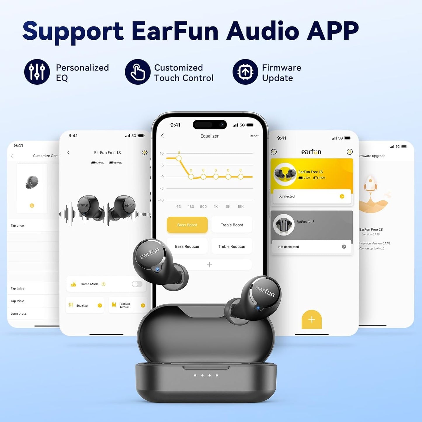 EarFun Free 1S Wireless Earbuds, Bluetooth Earbuds with Deep Bass, 4 Mics for Clear Call, Customizable EQ App, IPX7 Waterproof in-Ear Headphones, 30H Playtime, Wireless Charging