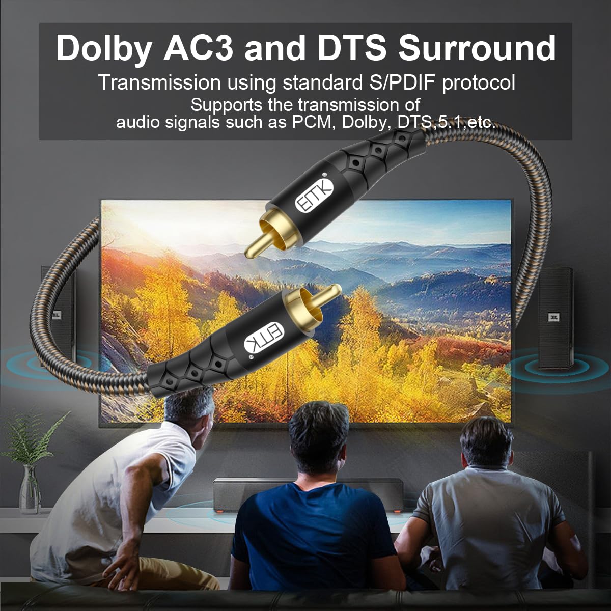 EMK RCA to RCA Subwoofer Cable – 24K Gold-Plated Connector Nylon Braided Double Shielded Audio Cable Digital&Analog Signal Support for Amplifiers Subwoofer Home Theater Hi-Fi Systems Black/25ft/8m