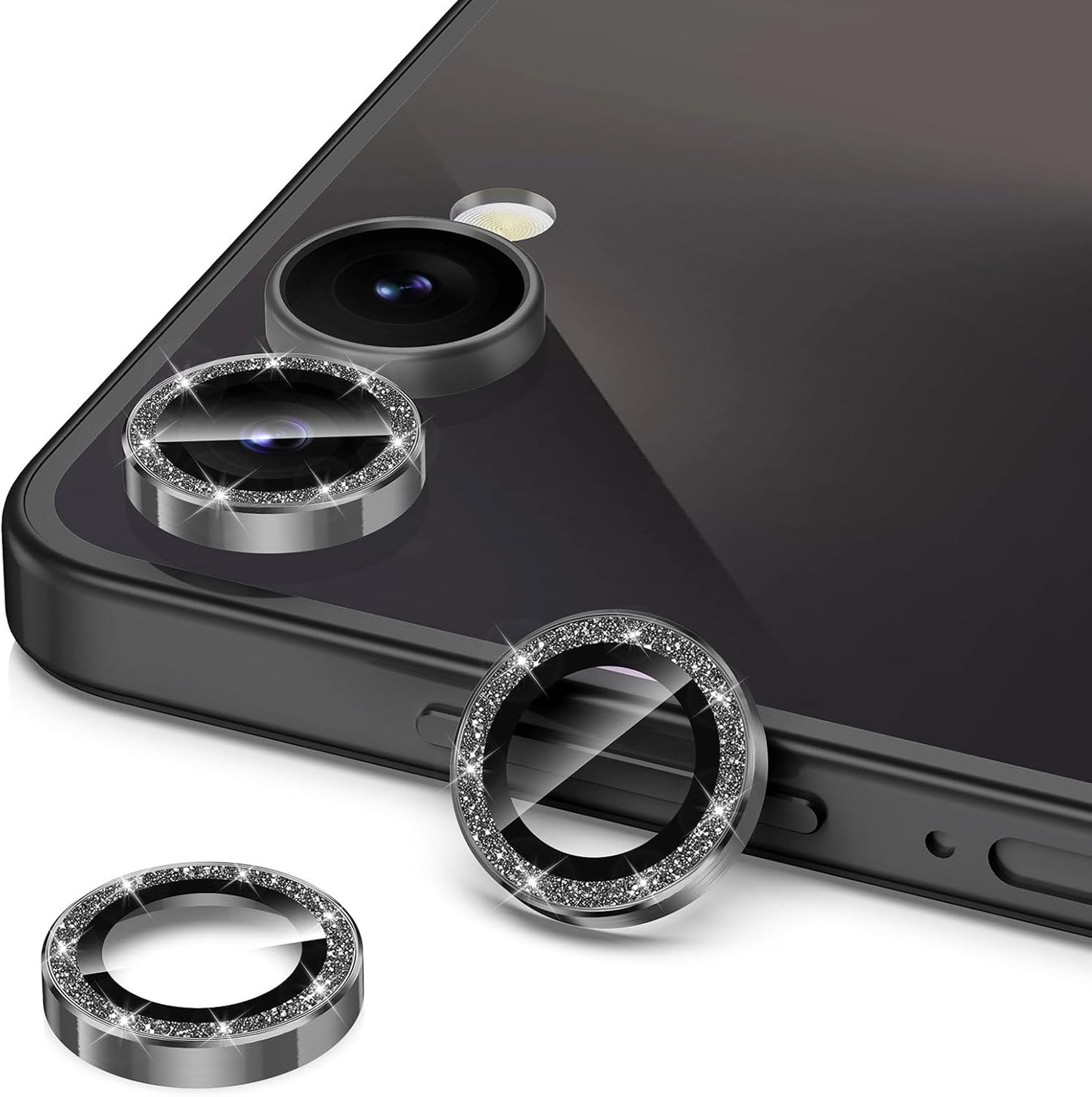 for Samsung Galaxy Z Flip 7 Camera Lens Protector, Individual Metal Ring Tempered Glass Lens Cover, [Strong Adsorption] Scratch Resistant Ultra-Thin HD Clear Lens Cover, 1 Set-Black Sparkly