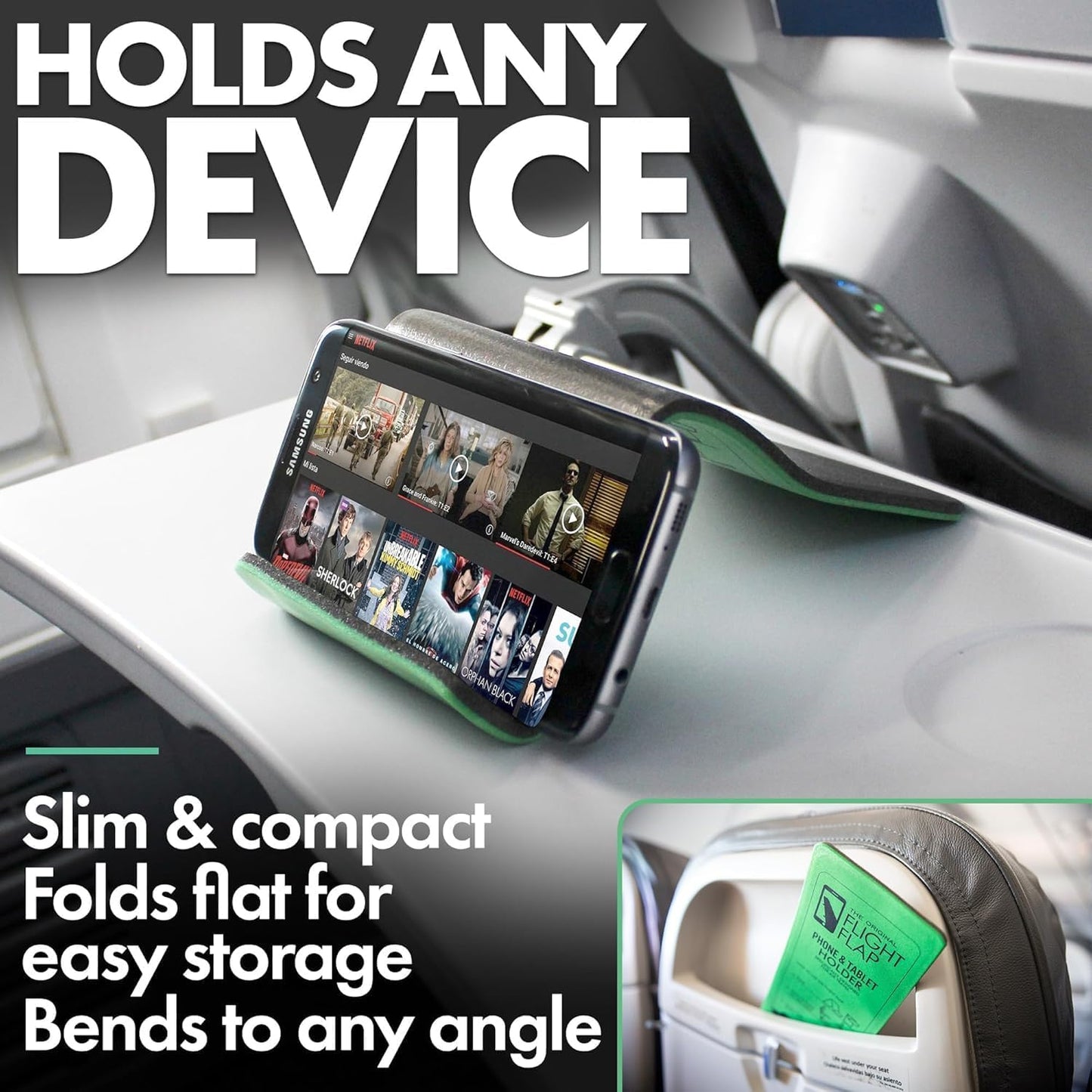 Airplane Phone Holder, Flexible Cell Phone Holder, Folding Cellphone Stand for Desk, Bed, Office, Treadmill - Airplane Accessories Long Flight Travel - Plane Essentials (Original Green)