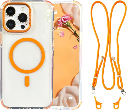 Cases for iPhone 14 Pro with 62.99 inch Lanyard Strap, Compatible with MagSafe, Classic Clear&Orange Phone Cover Non-Yellowing, Hands-Free Phone Case Drop&Shockproof, Adjustable Phone Lanyard