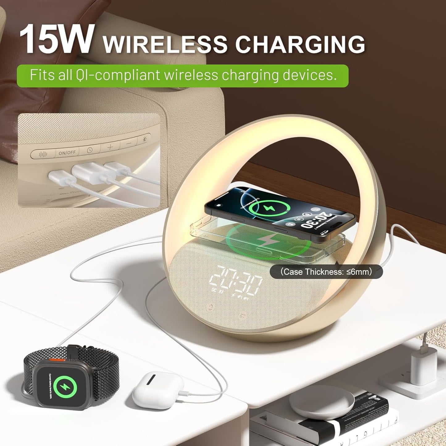 Bluetooth Alarm Clock, Sunrise Simulation Wake Up Night Light, 15W Fast Wireless Charging Alarm Clock for Bedroom, 10W Bluetooth Stereo Sound Speaker, USB Charger Port